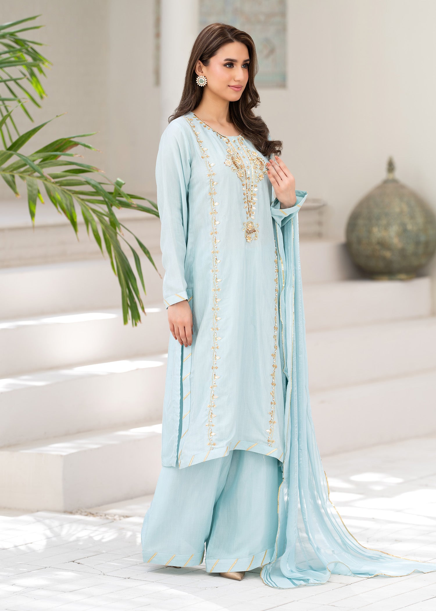 blended grip silk Kurta Set in Aquamarine