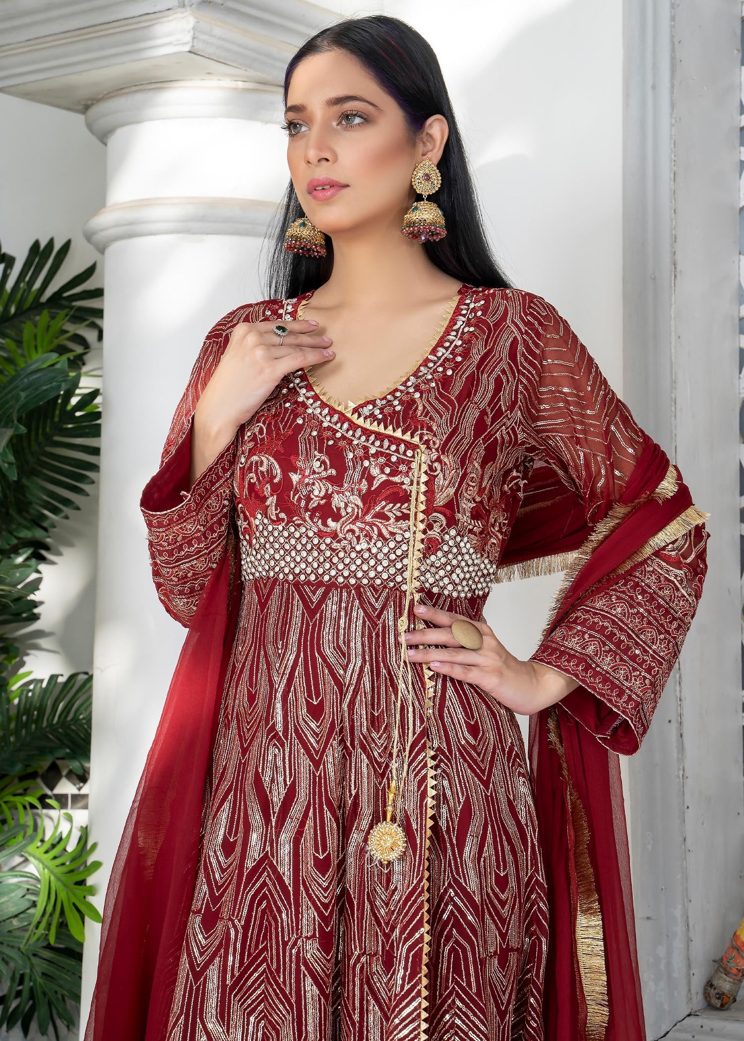 chiffon Angrakha in Maroon