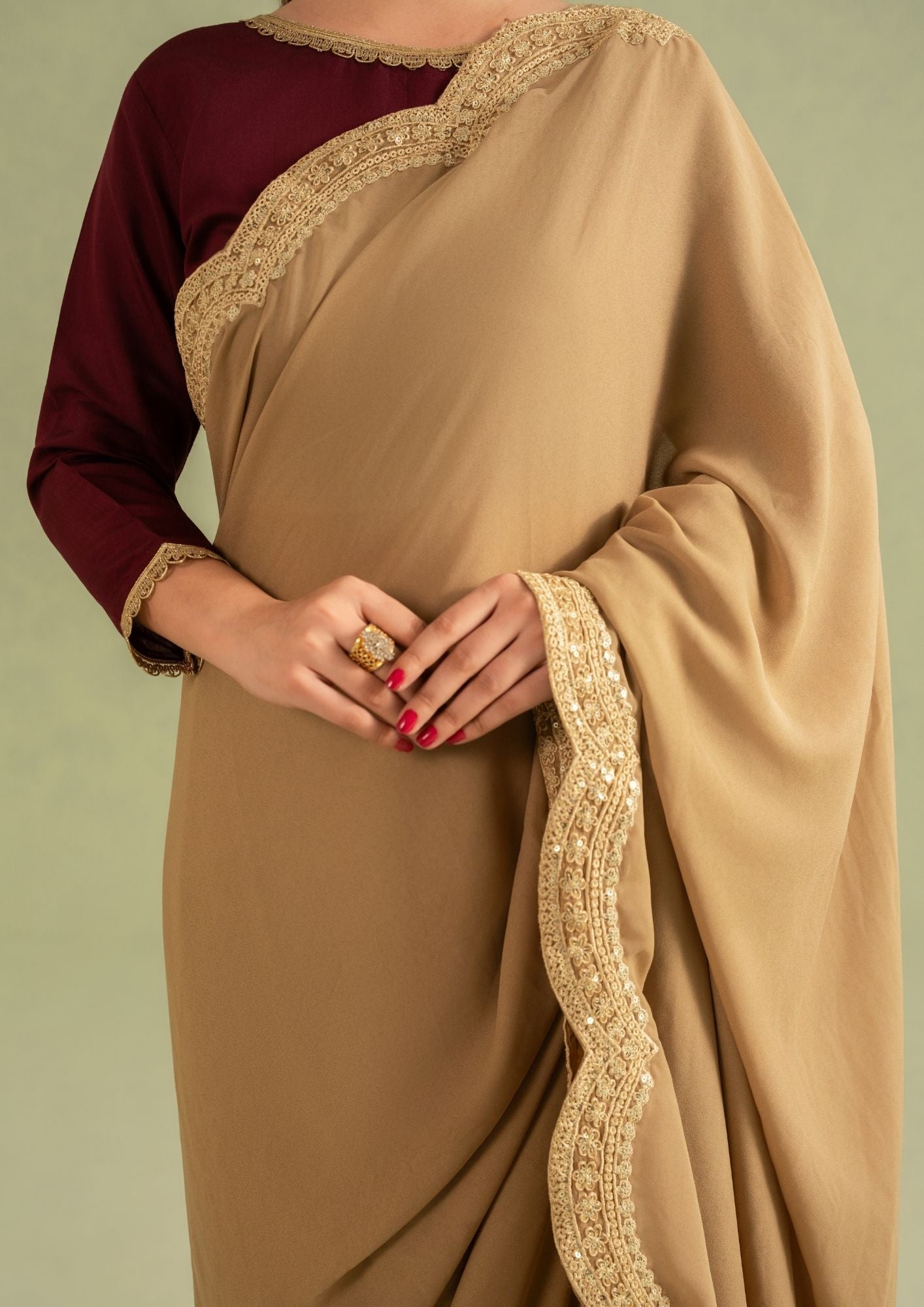 georgette Saree in Maroon, camel brown