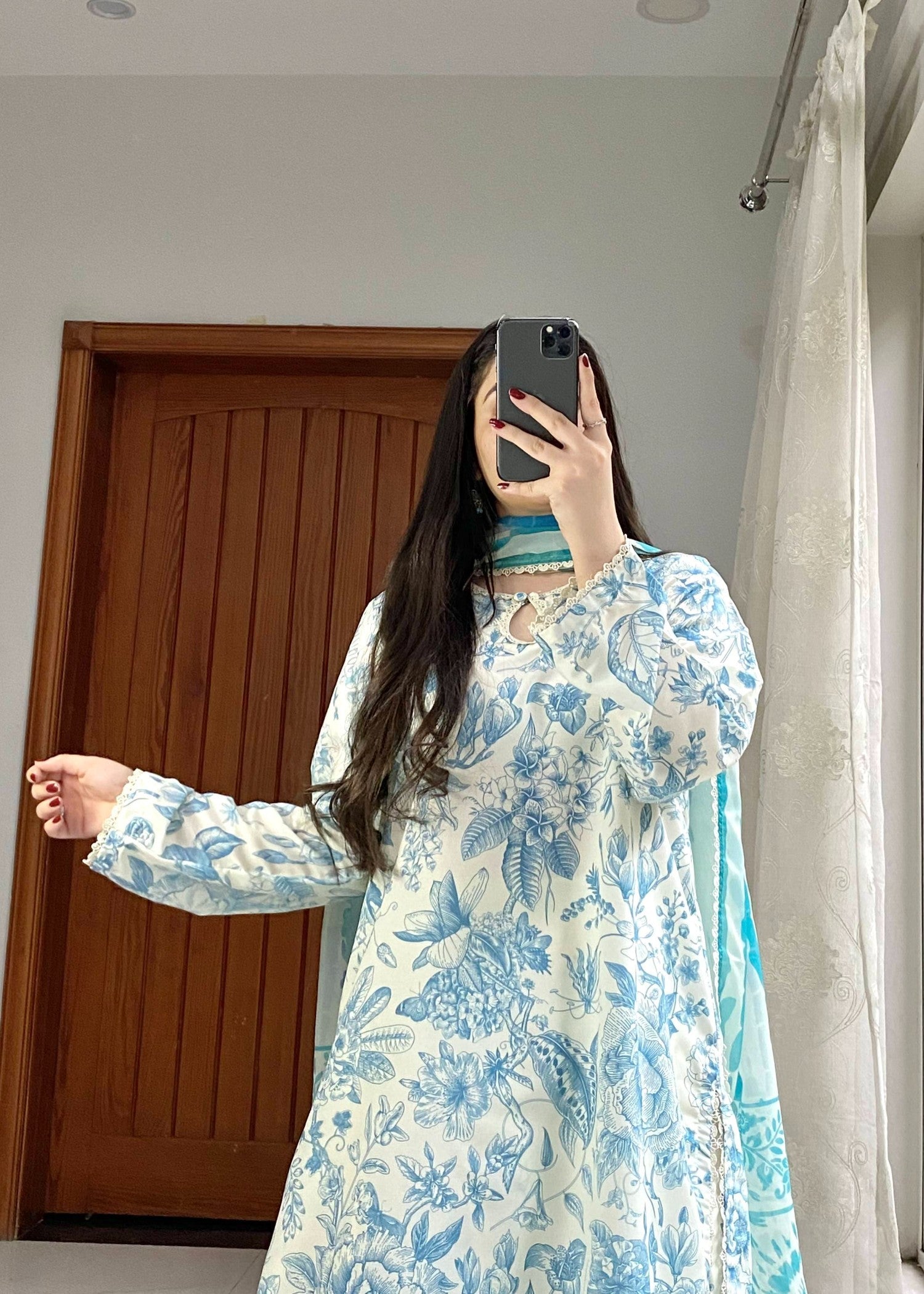 poly lawn Kurta Set in Blue, white