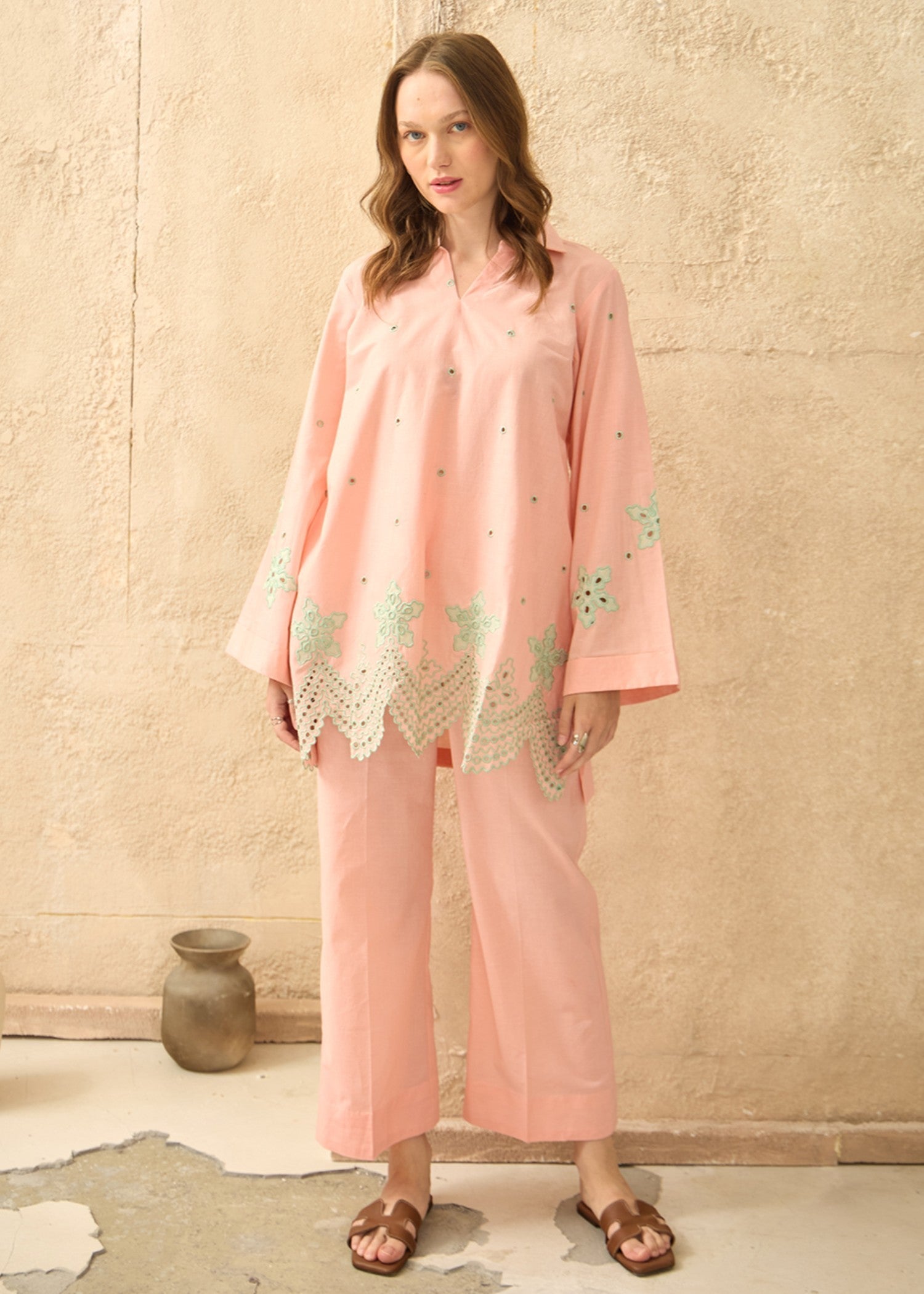 cotton dobby Co Ord Sets in Peach pink