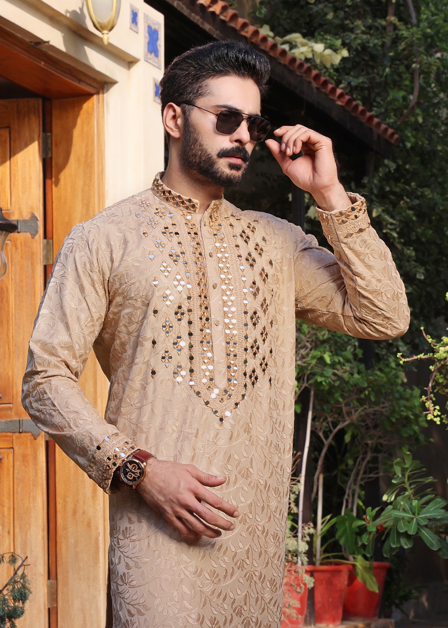 jamawar Kurta Set in Beige