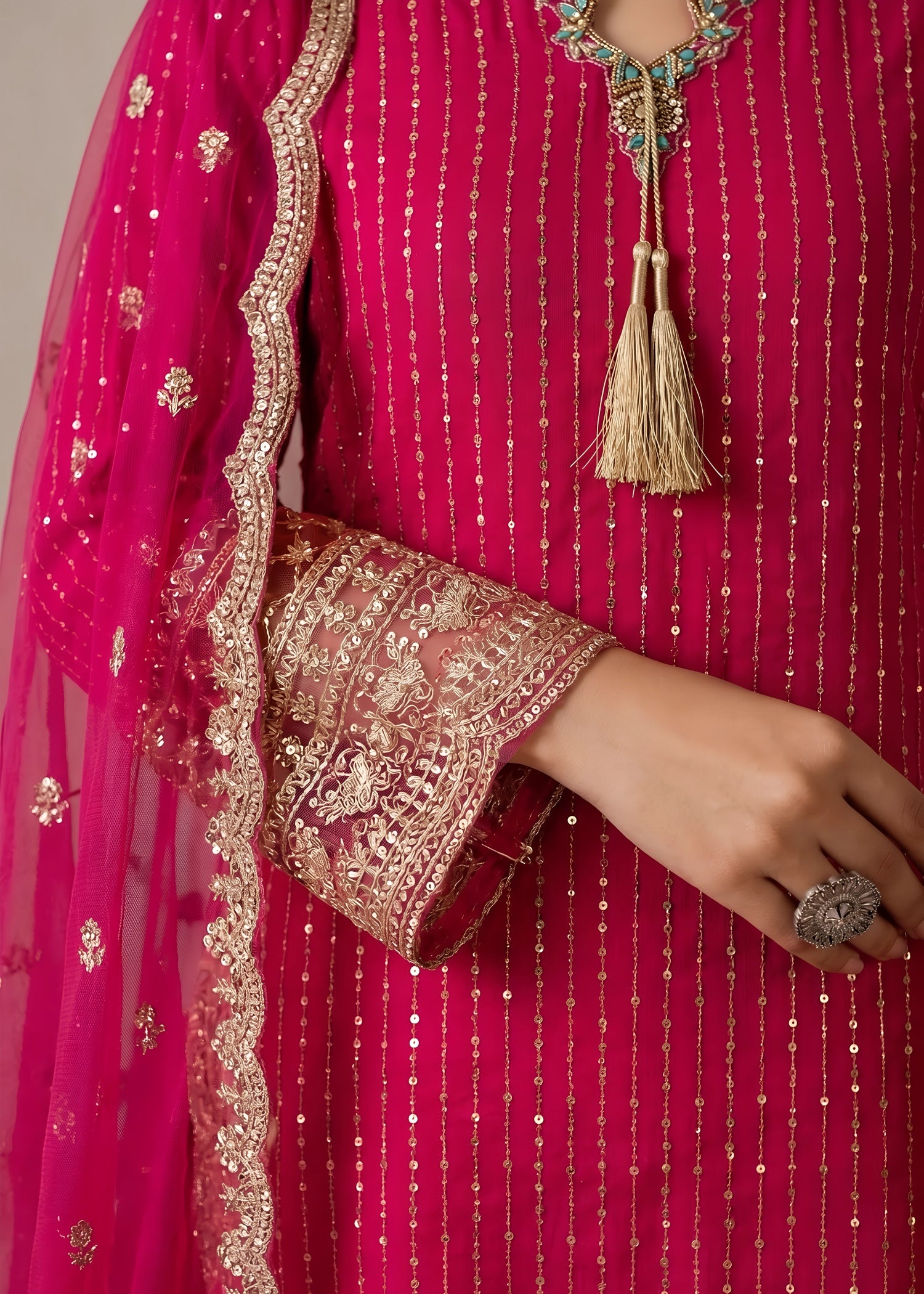 chiffon Kurta Set in Hot pink