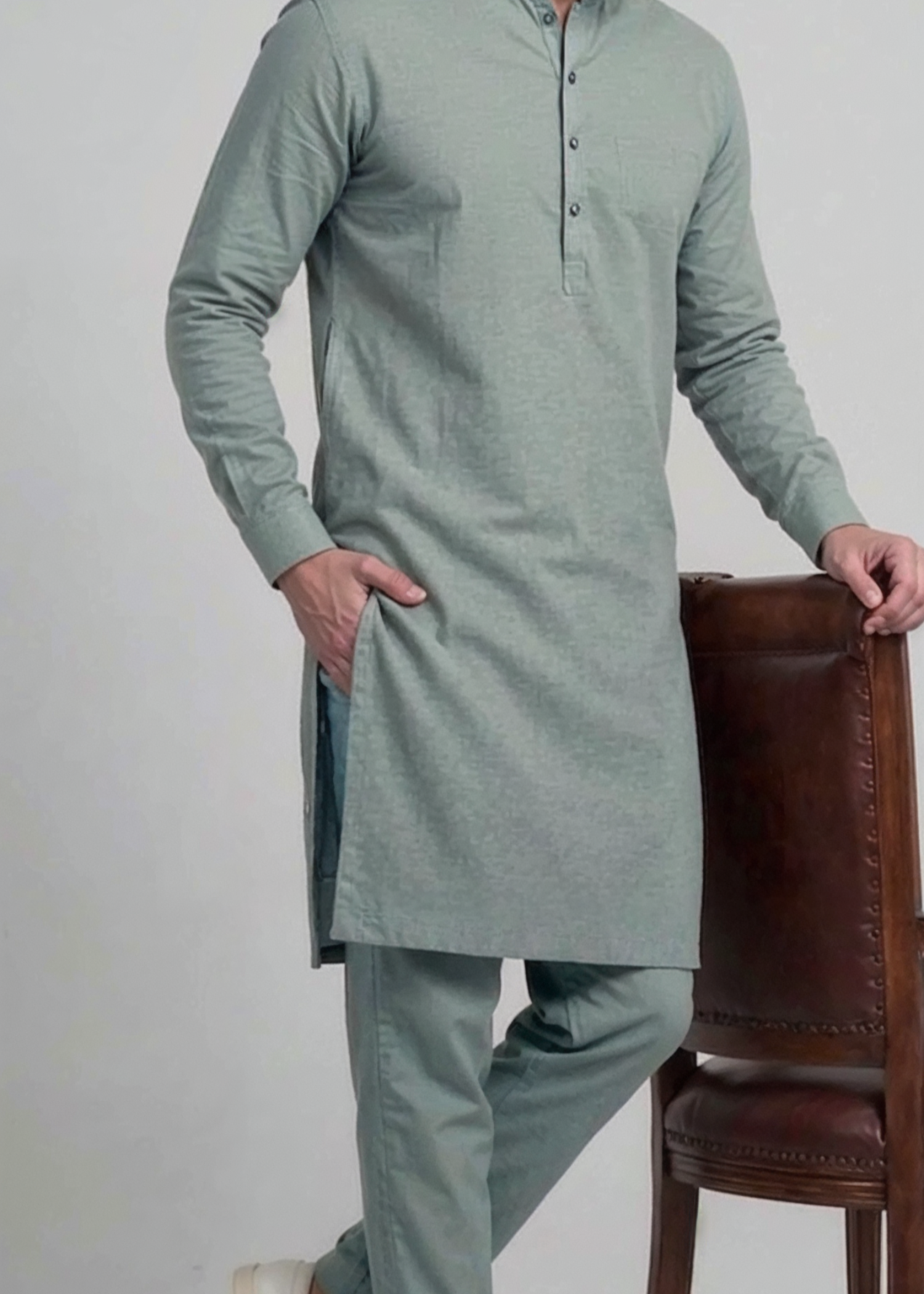 wash & wear Kurta Set in Moss green