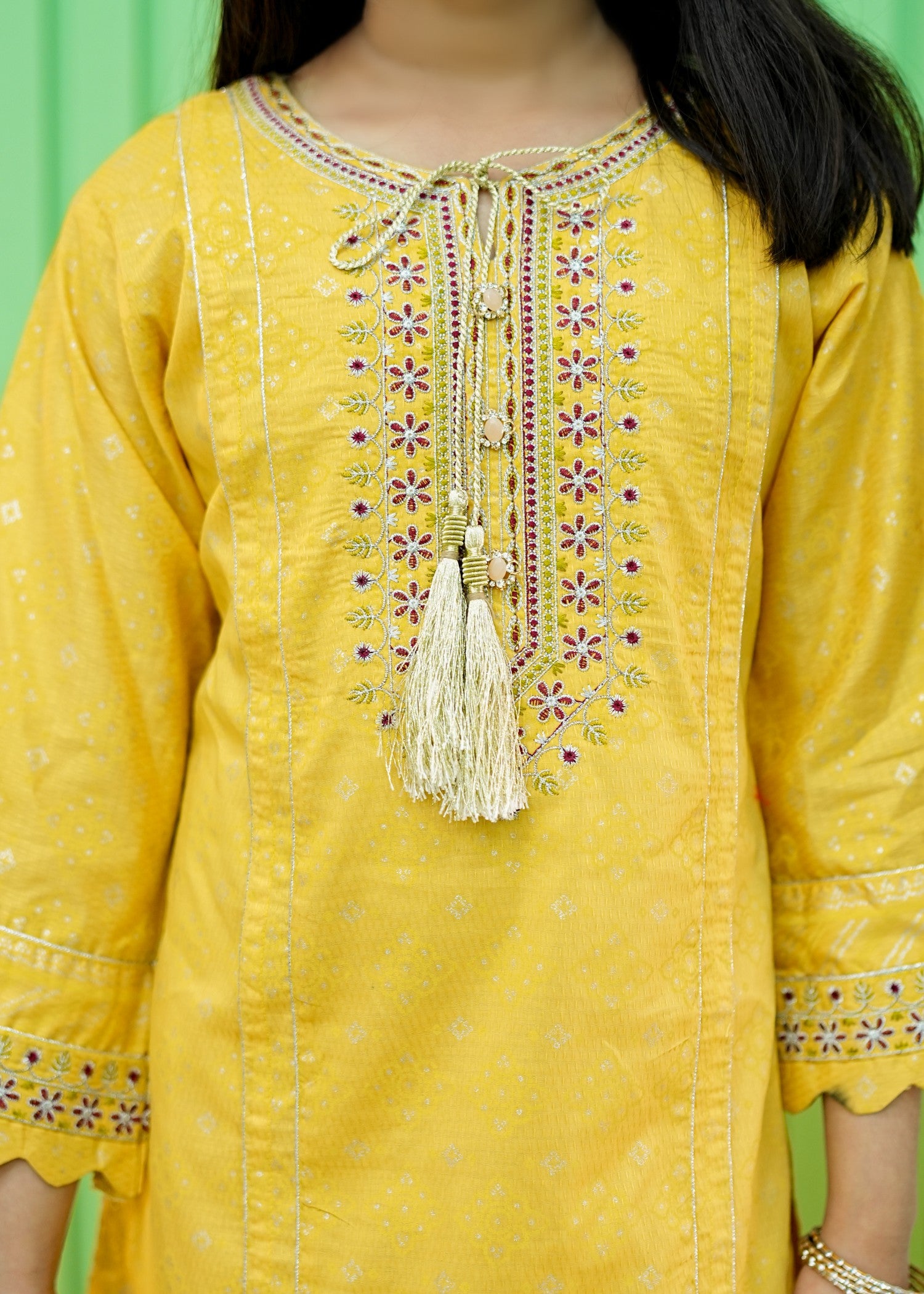 cotton jacquard Kurta Set in Yellow
