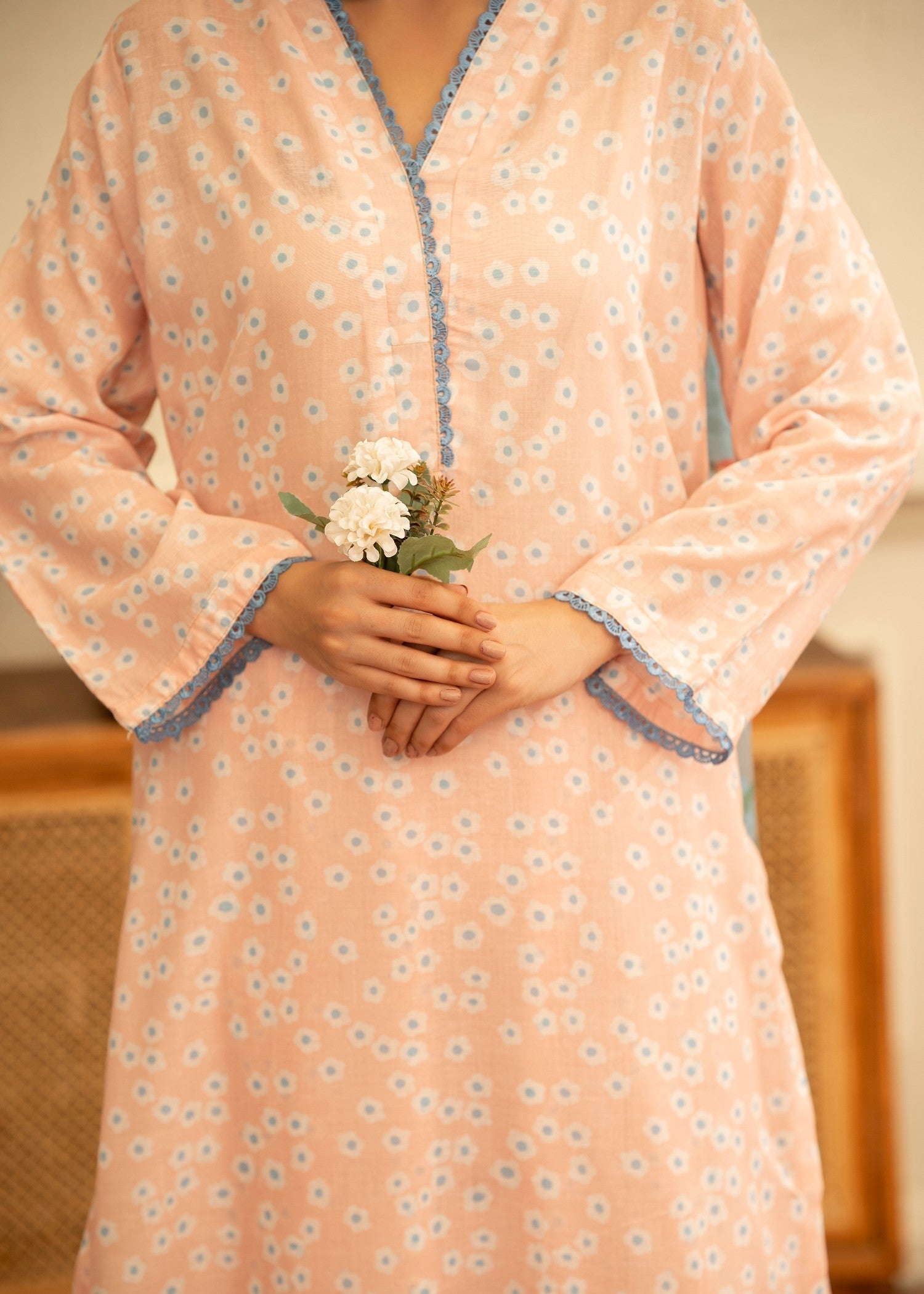 poly lawn Kurta Set in Peach orange