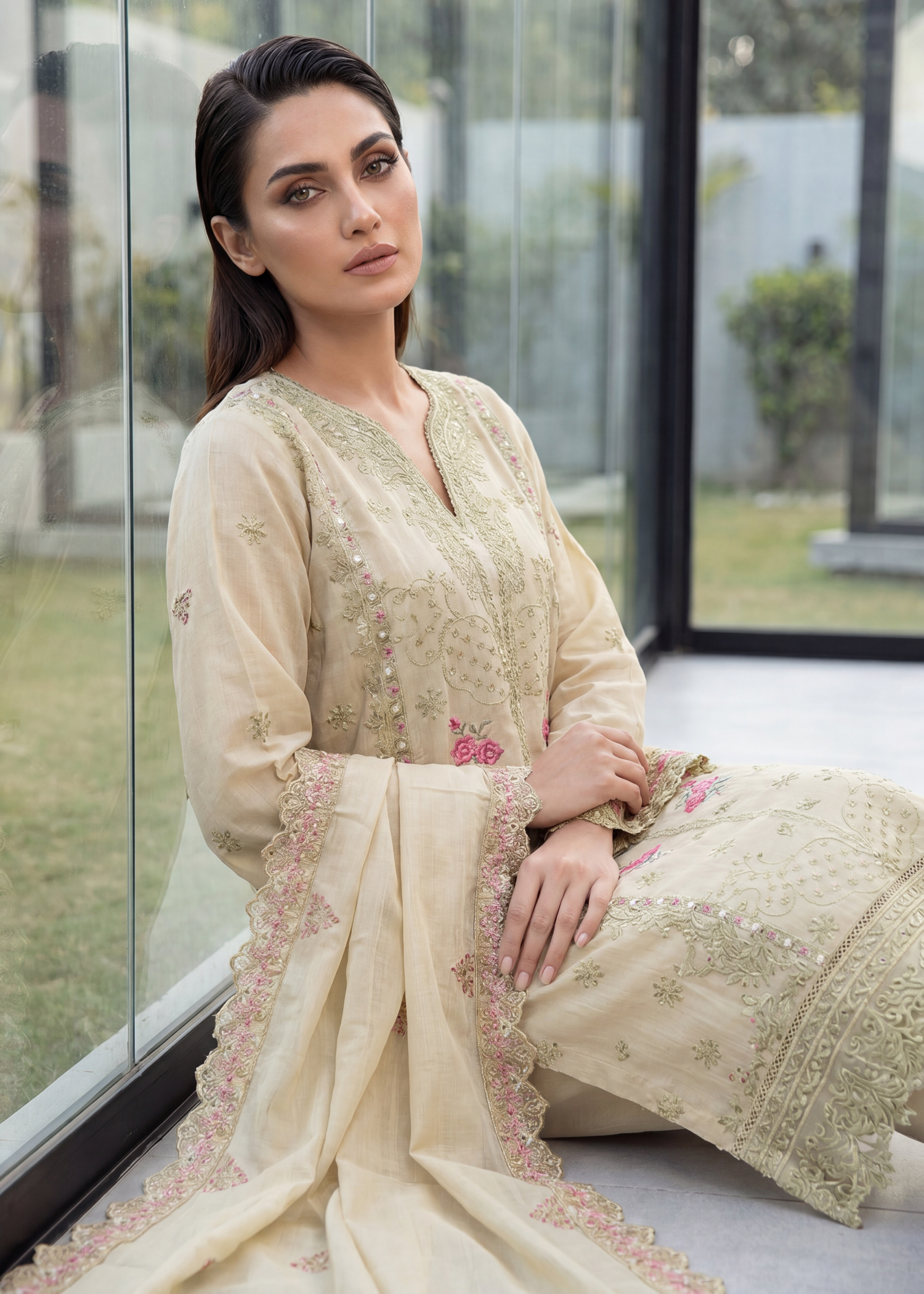 slub lawn Kurta Set in Tan brown