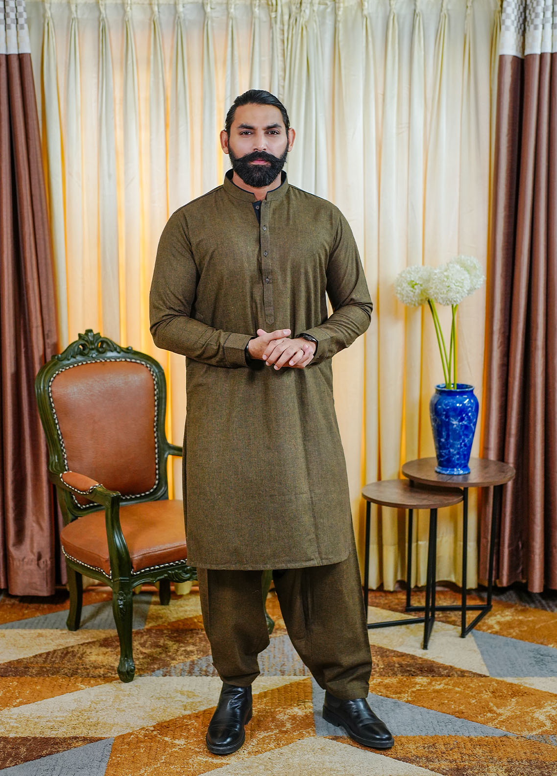 woolen karandi Shalwar Kameez in Brown