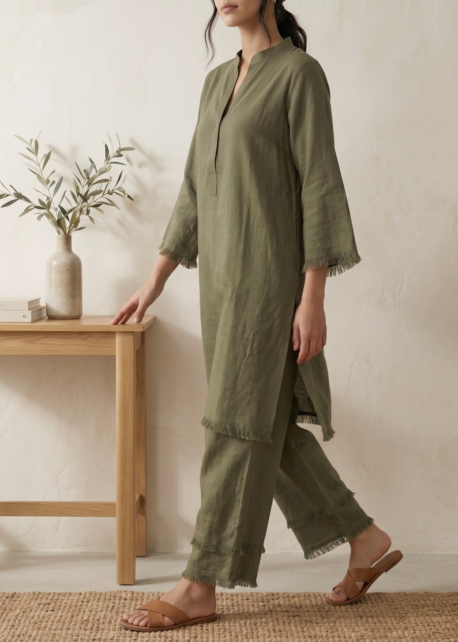 blended linen Co Ord Sets in Sage green