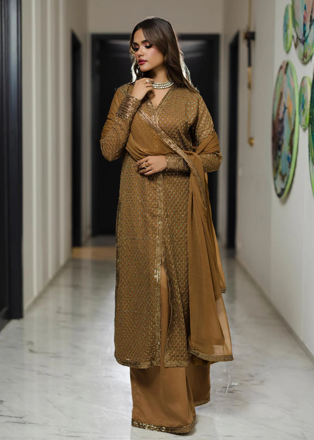 chiffon Kurta Set in Oak brown