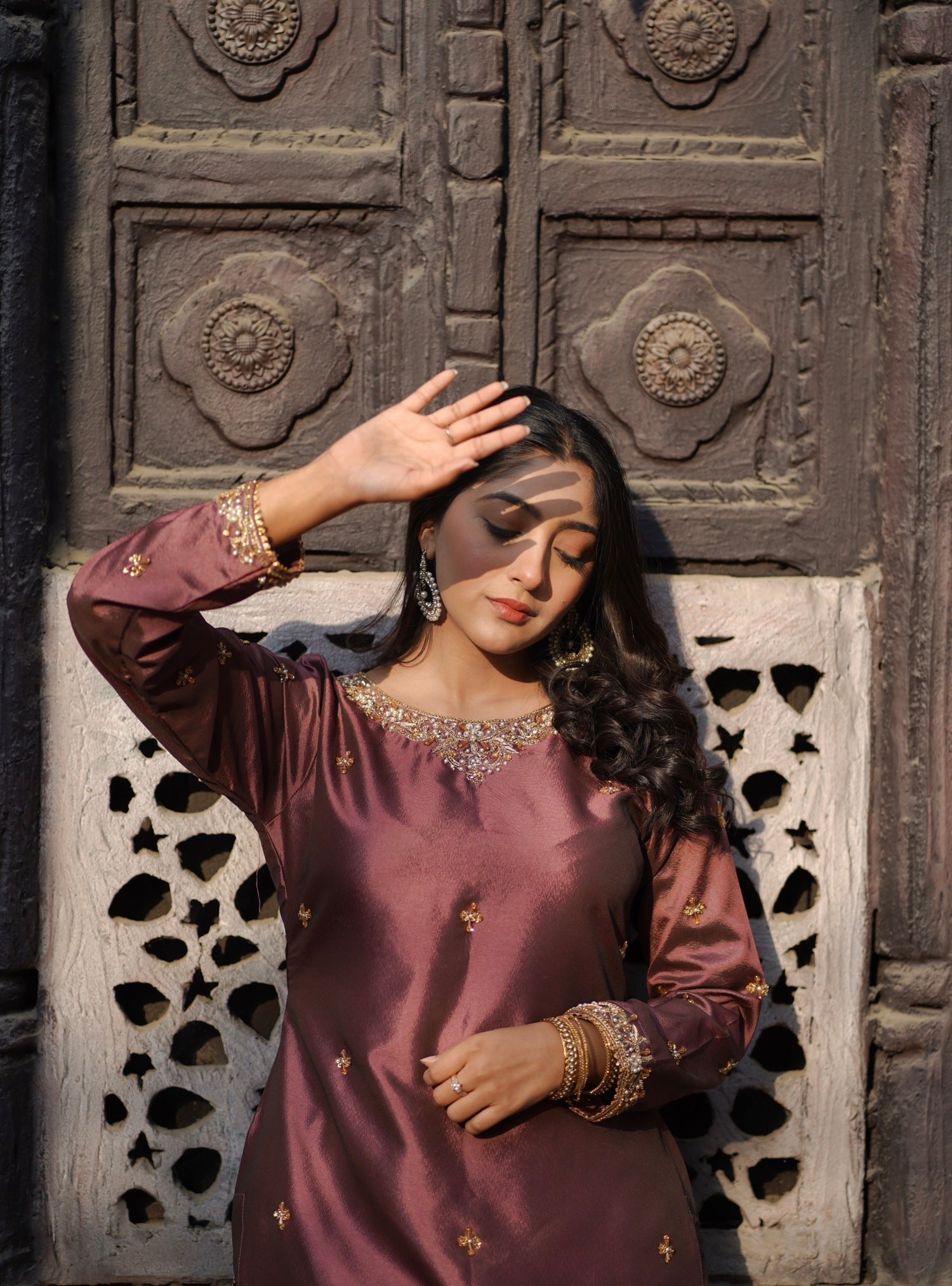 poly silk Gharara in Tea rose pink