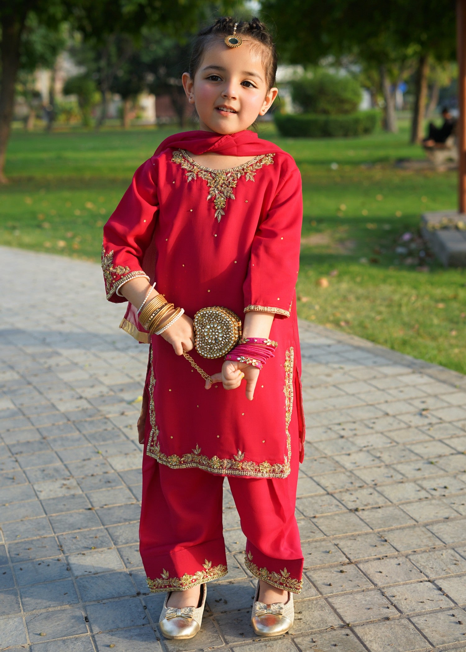 chiffon Kurta Set in Hot pink red