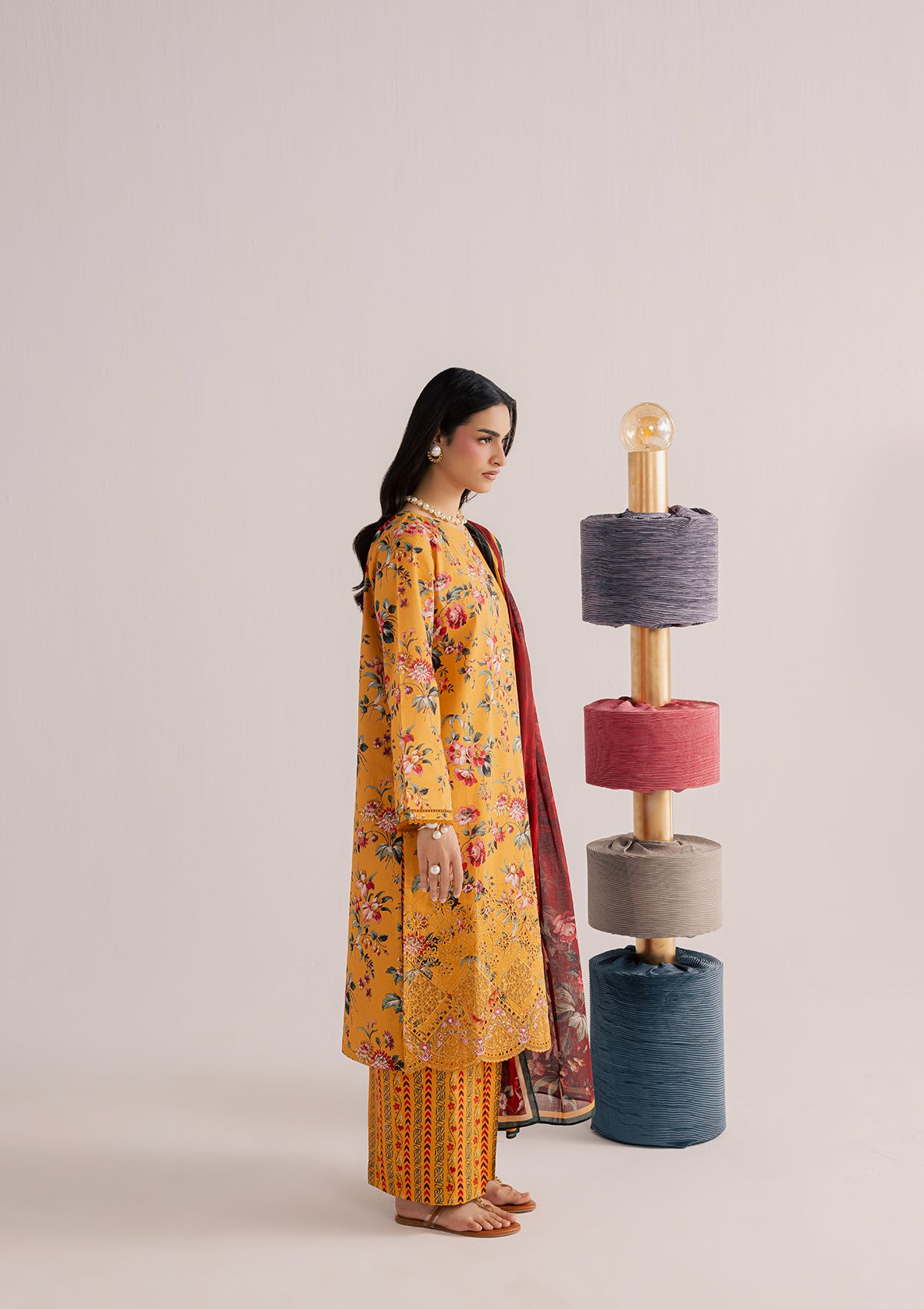 lawn Kurta Set in Yellow-orange