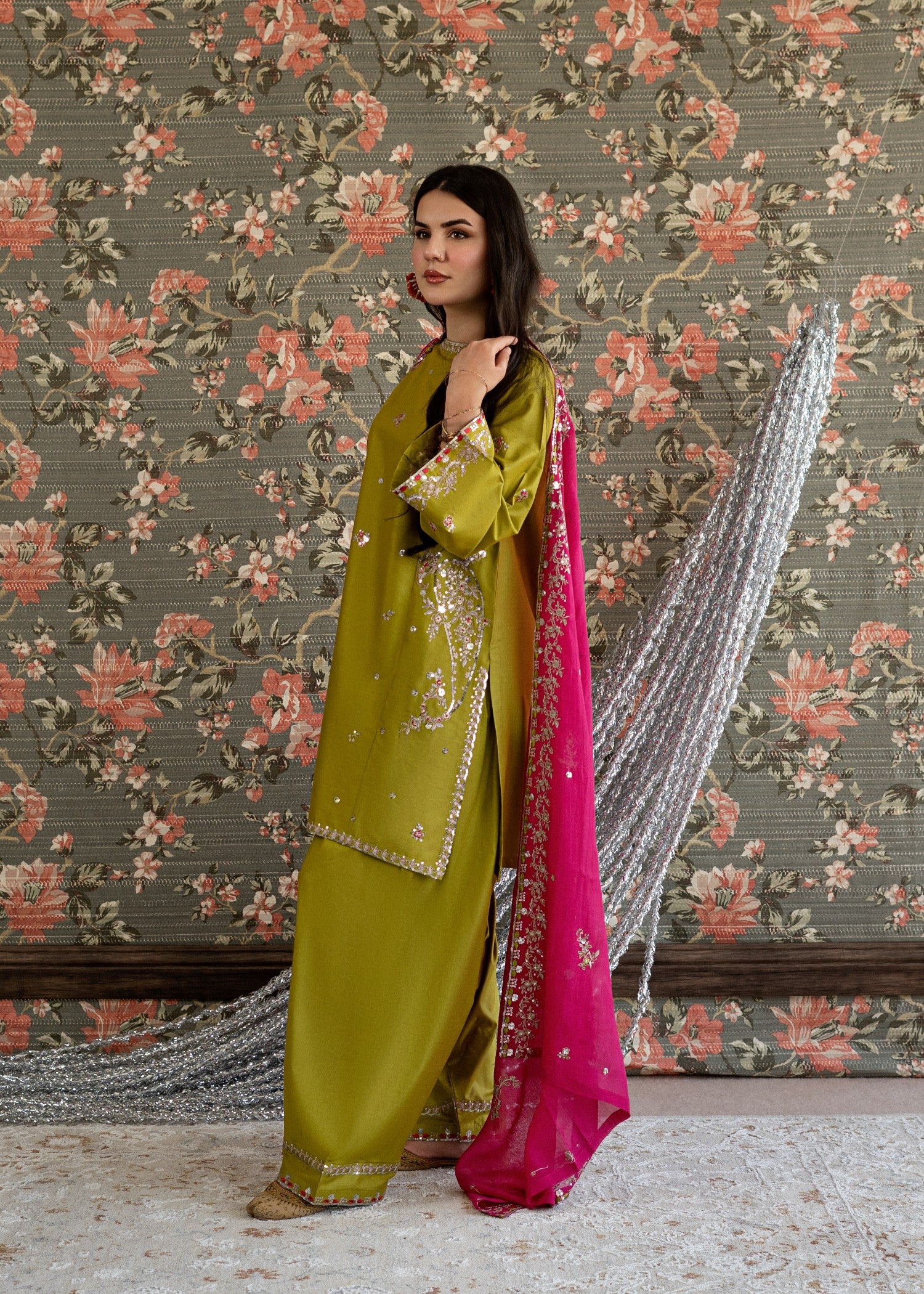 lawn Kurta Set in Shocking pink, olive green