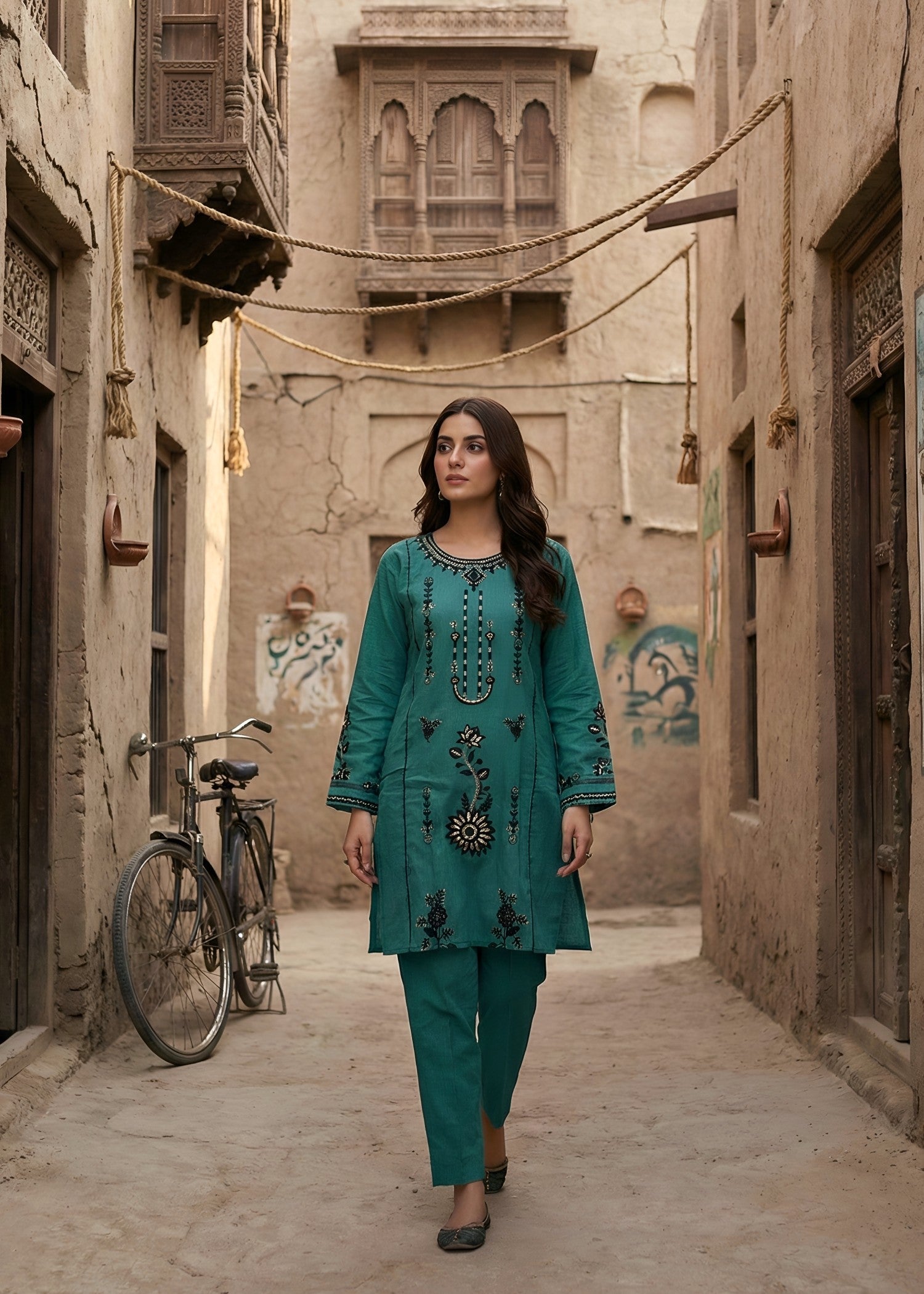 cambric Kurta Set in Teal