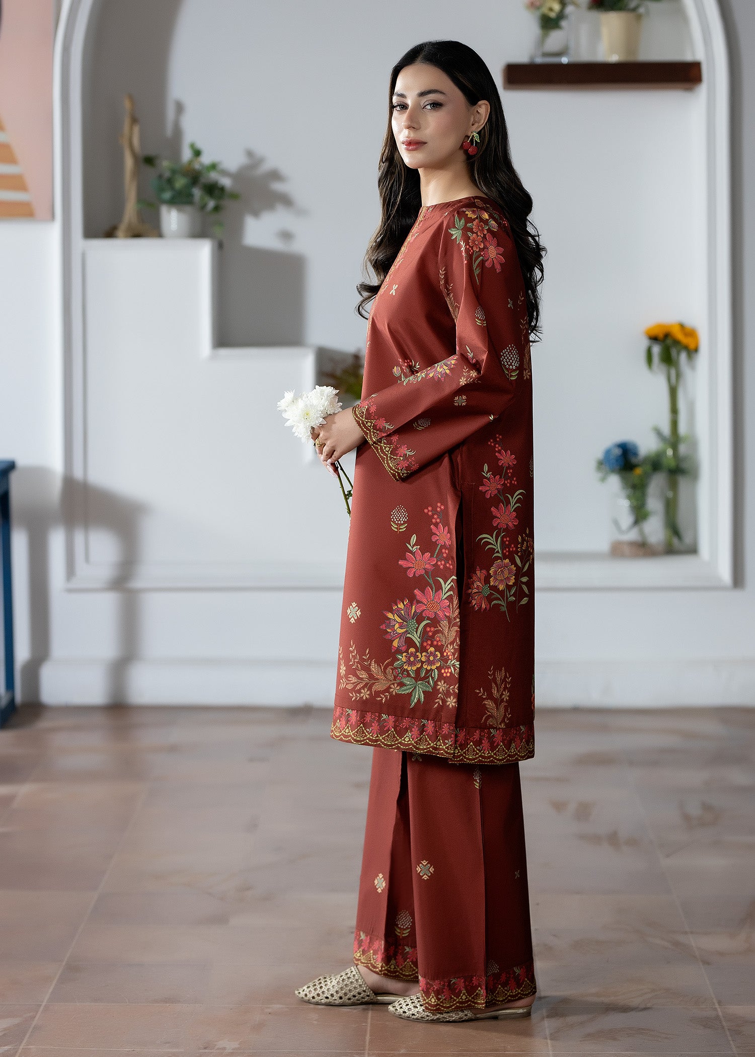 silk finish lawn Co Ord Sets in Dark brown