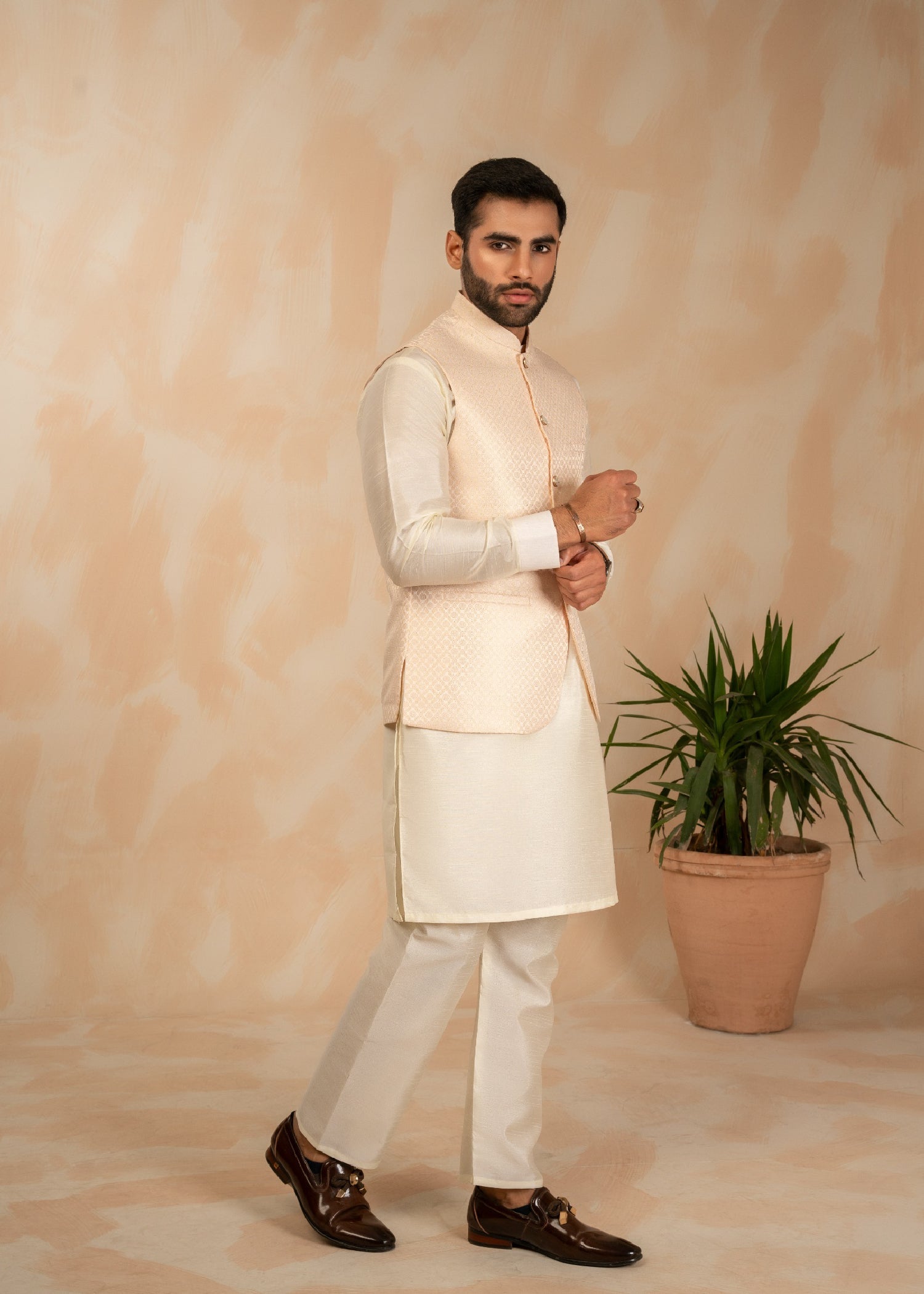 jamawar Waistcoat in Ivory