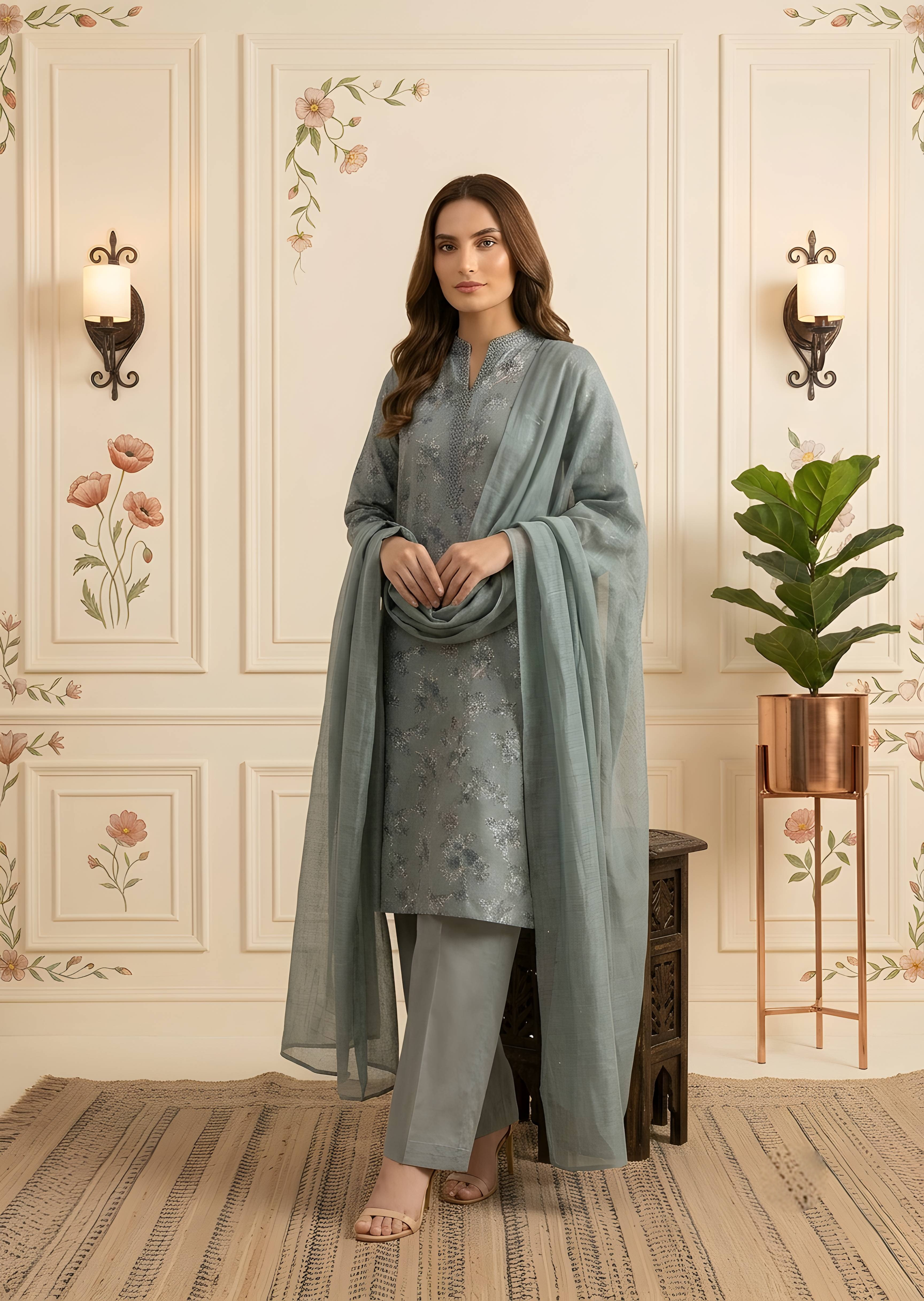 lawn Kurta Set in Steal grey