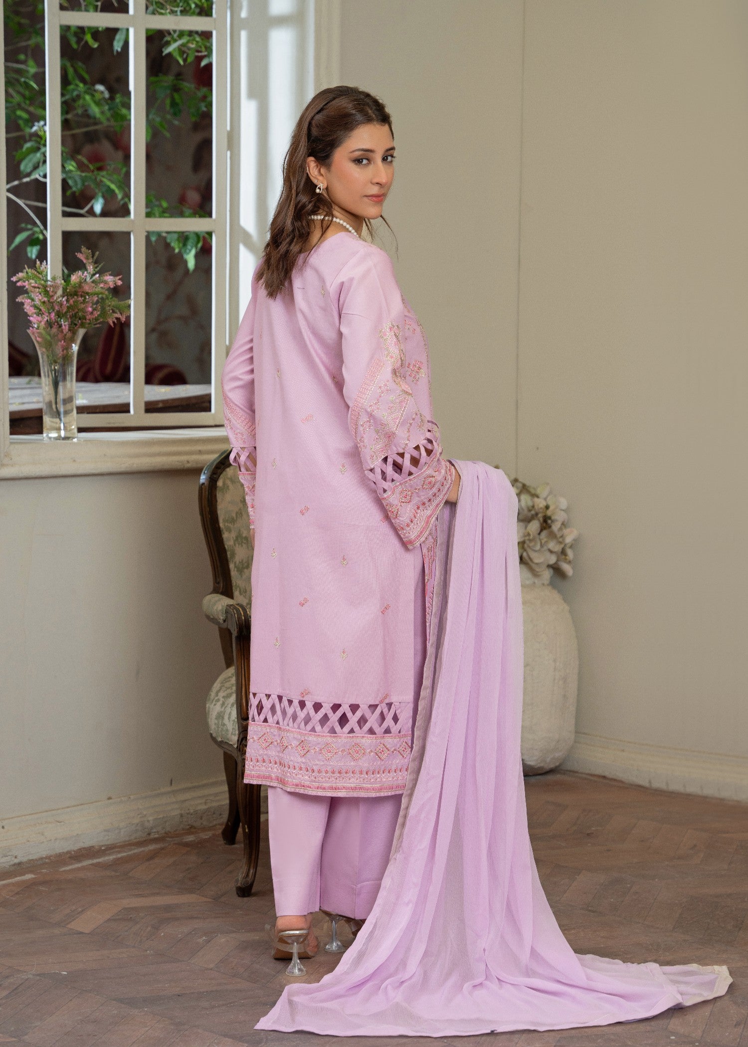 ribbed lawn Kurta Set in Cotton candy