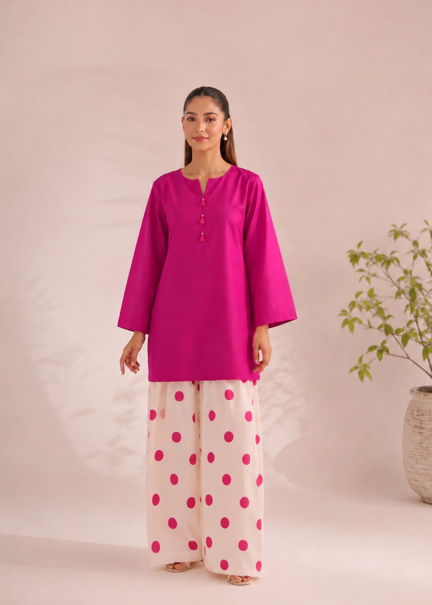linen Kurta Set in Shocking pink, off-white