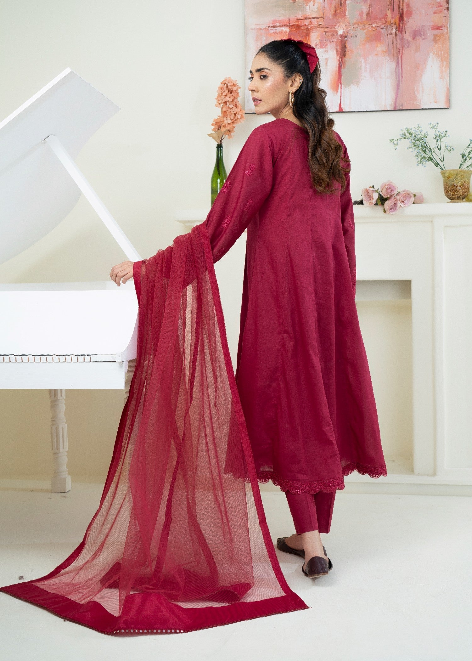 lawn Pishwas in Maroon