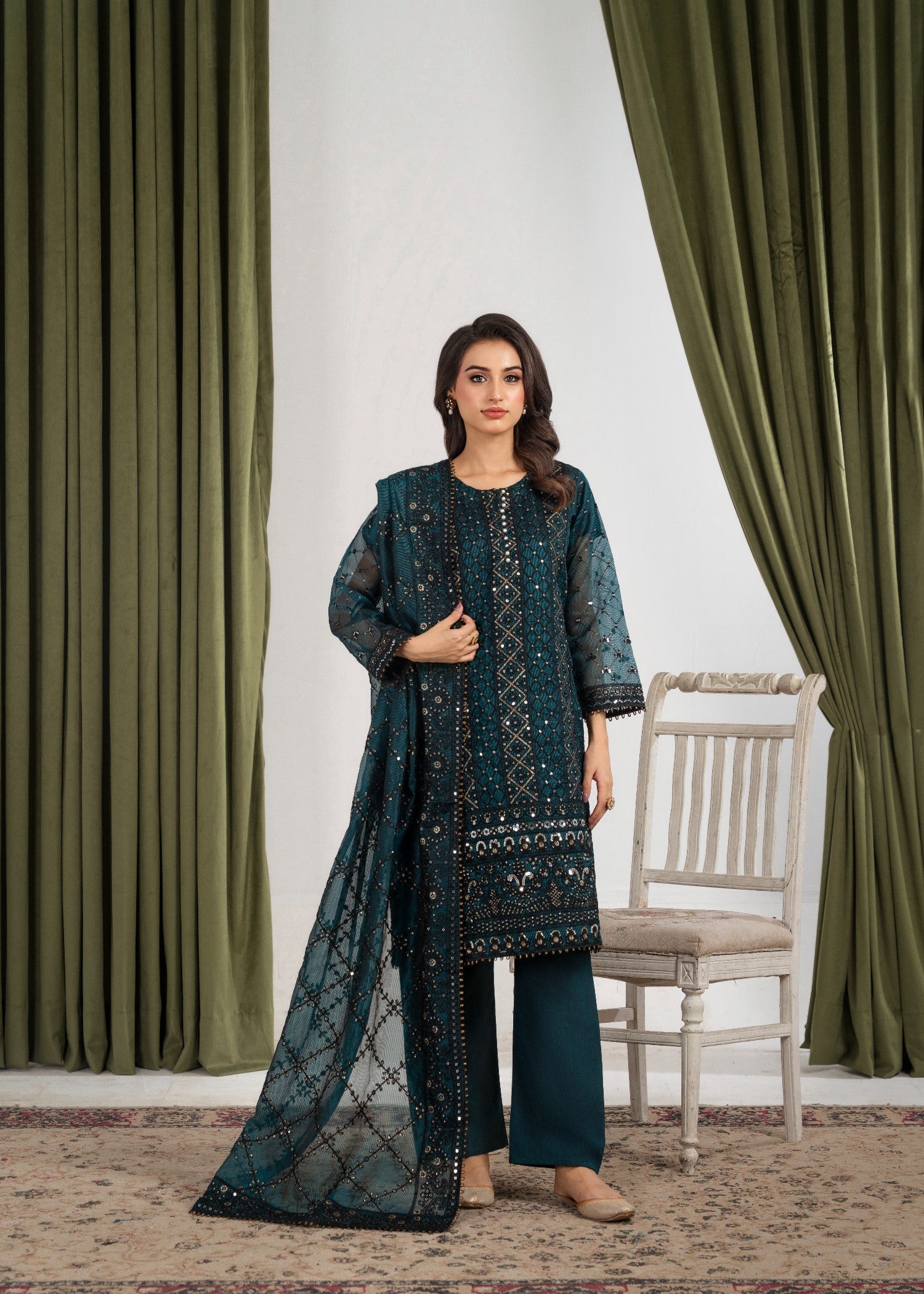 khaddi net Kurta Set in Bottle green