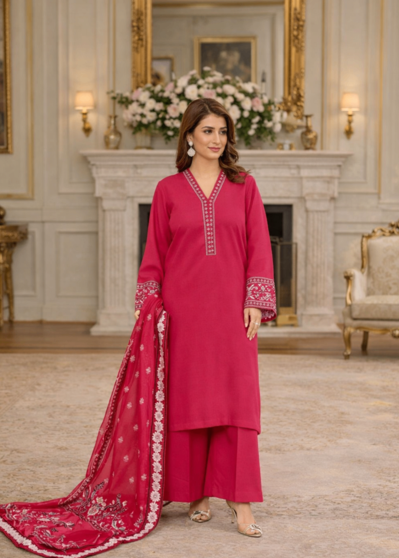 lawn karandi Kurta Set in Hot pink