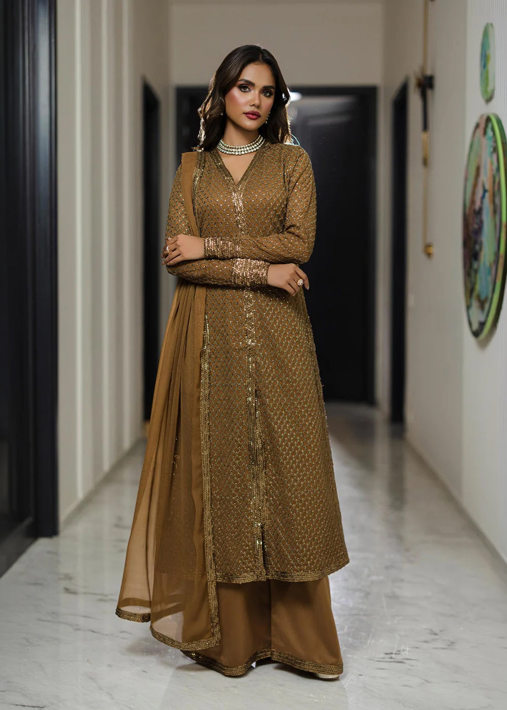 chiffon Kurta Set in Oak brown