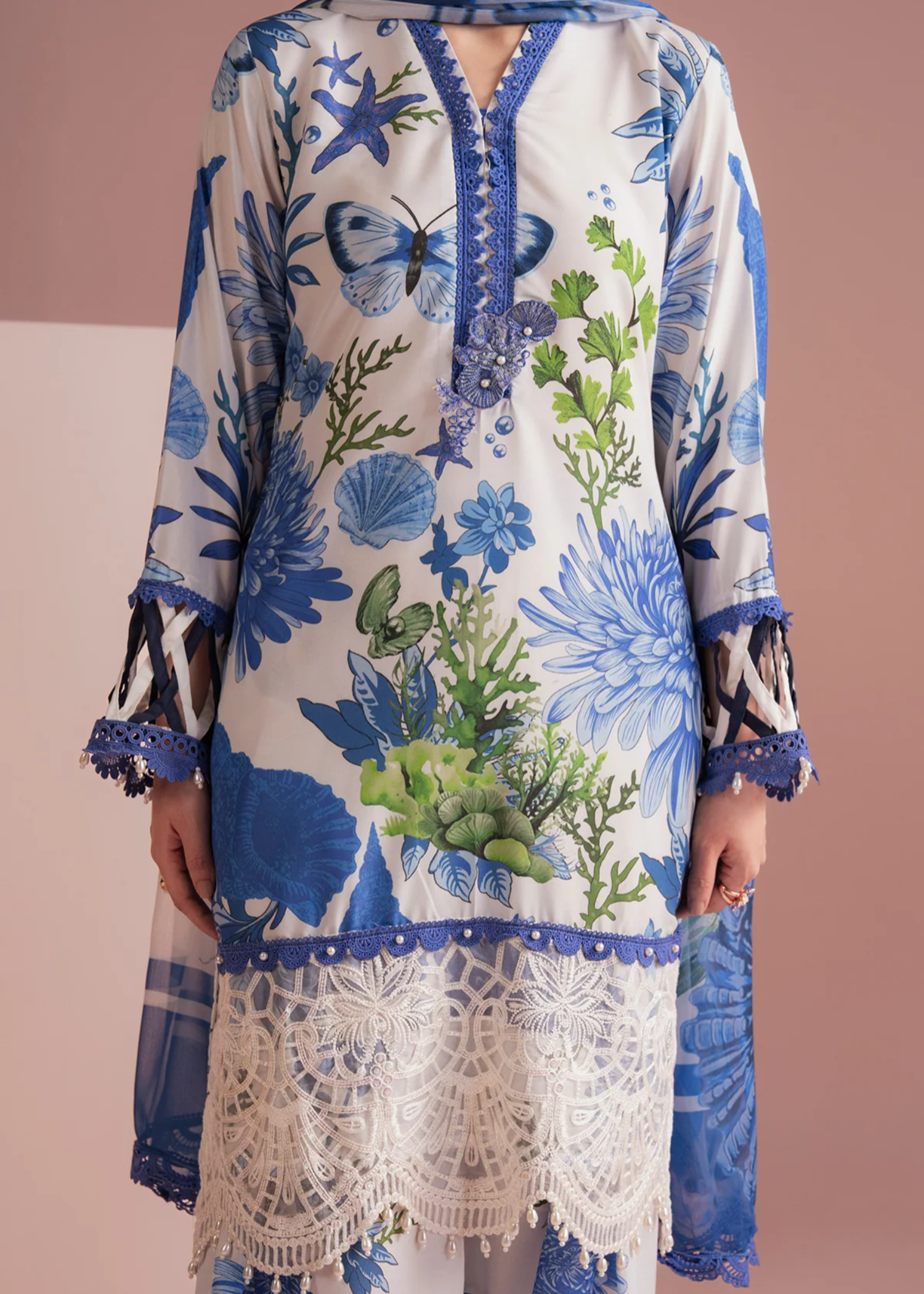 lawn Kurta Set in Blue, white