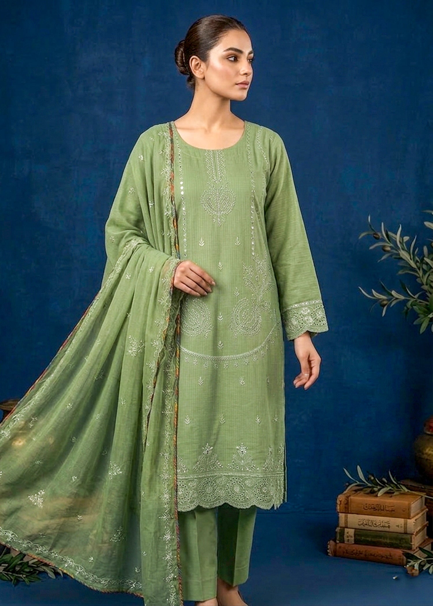 cambric Kurta Set in Sage green