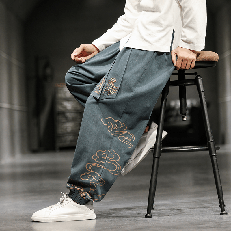 New Chinese Style Men'S Trousers Printed Loose Wide-Leg Trousers plus Size