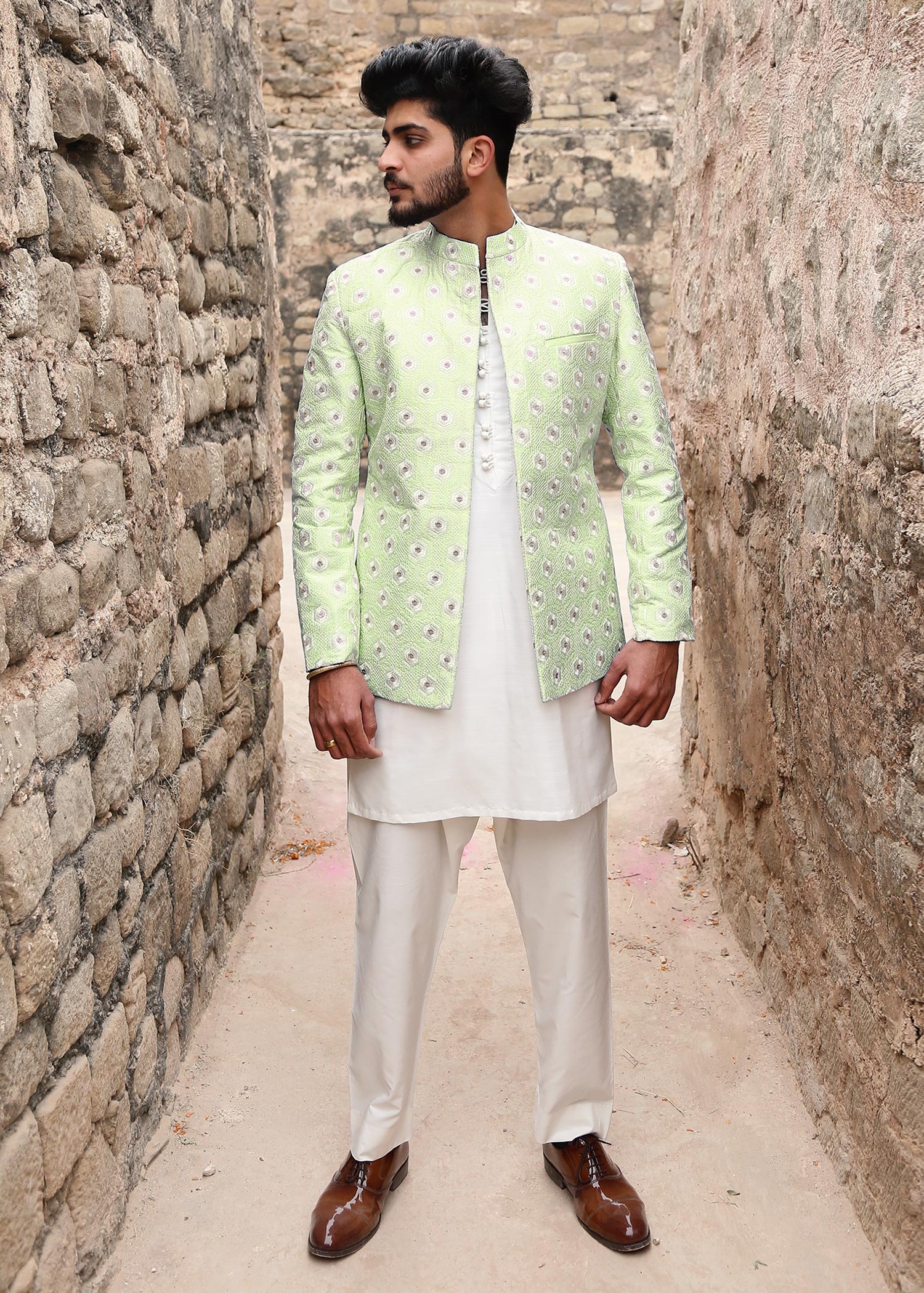 banarasi brocade Prince Coat in Pistachio green