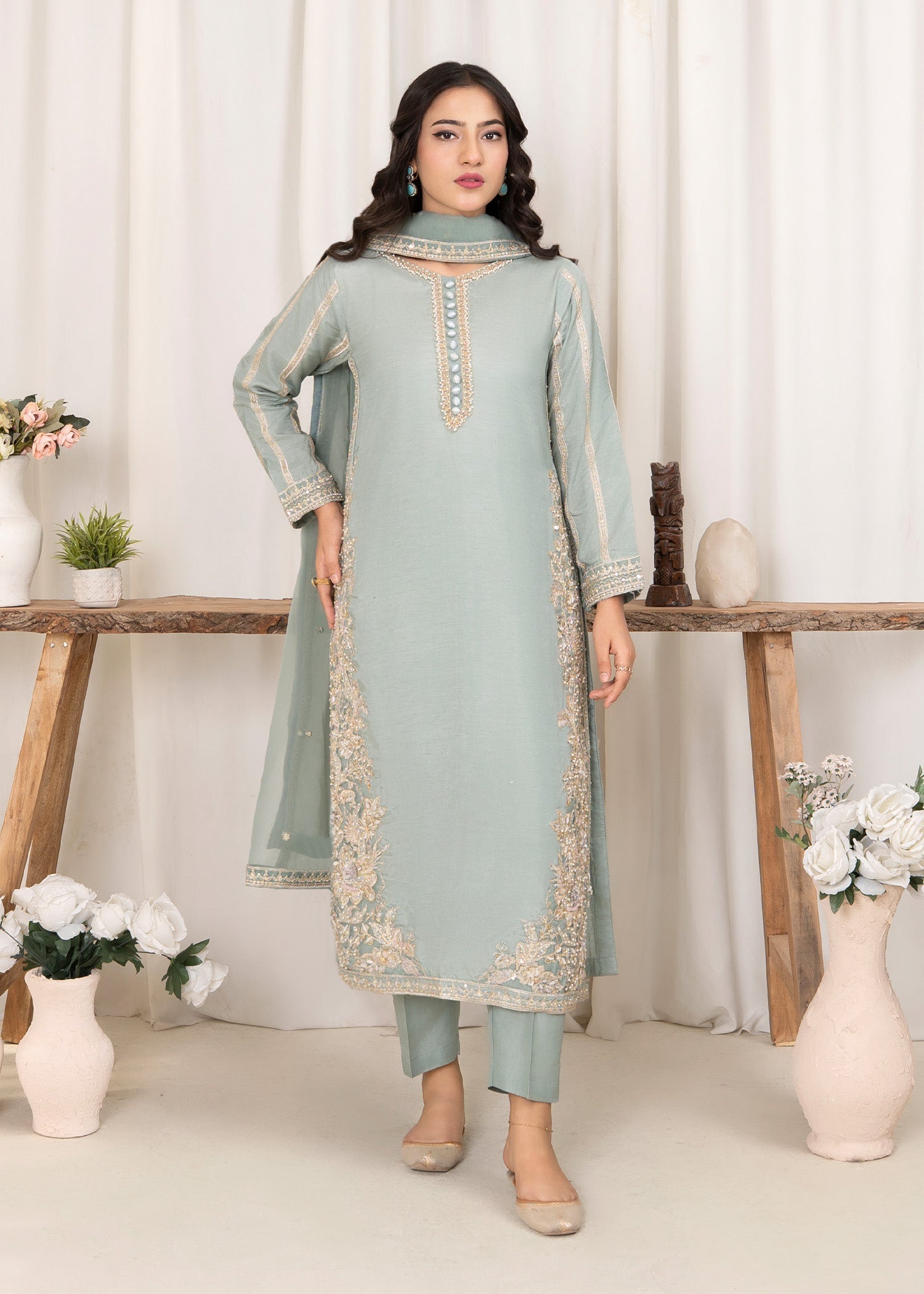 raw silk Kurta Set in Pastel green