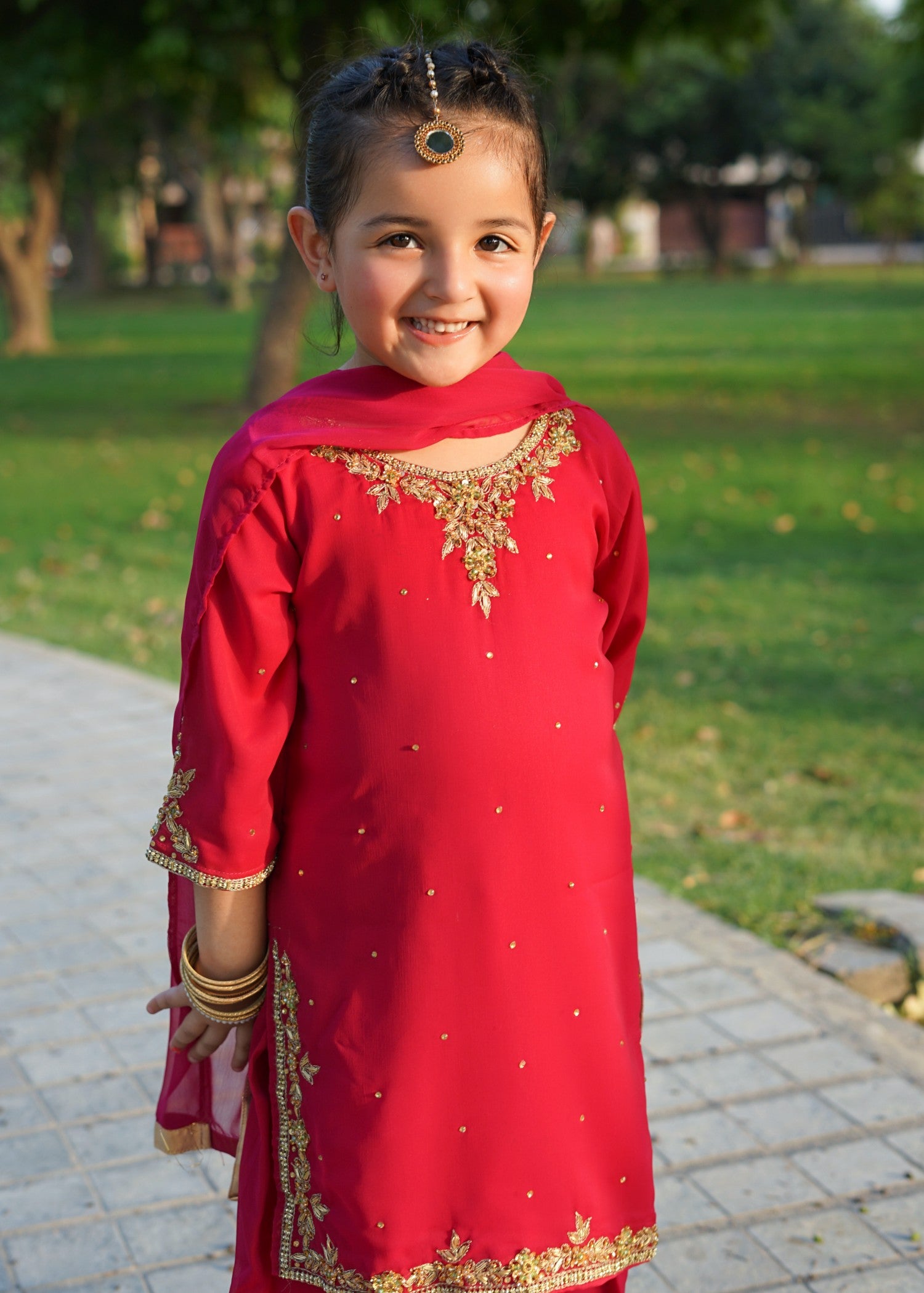 chiffon Kurta Set in Hot pink red