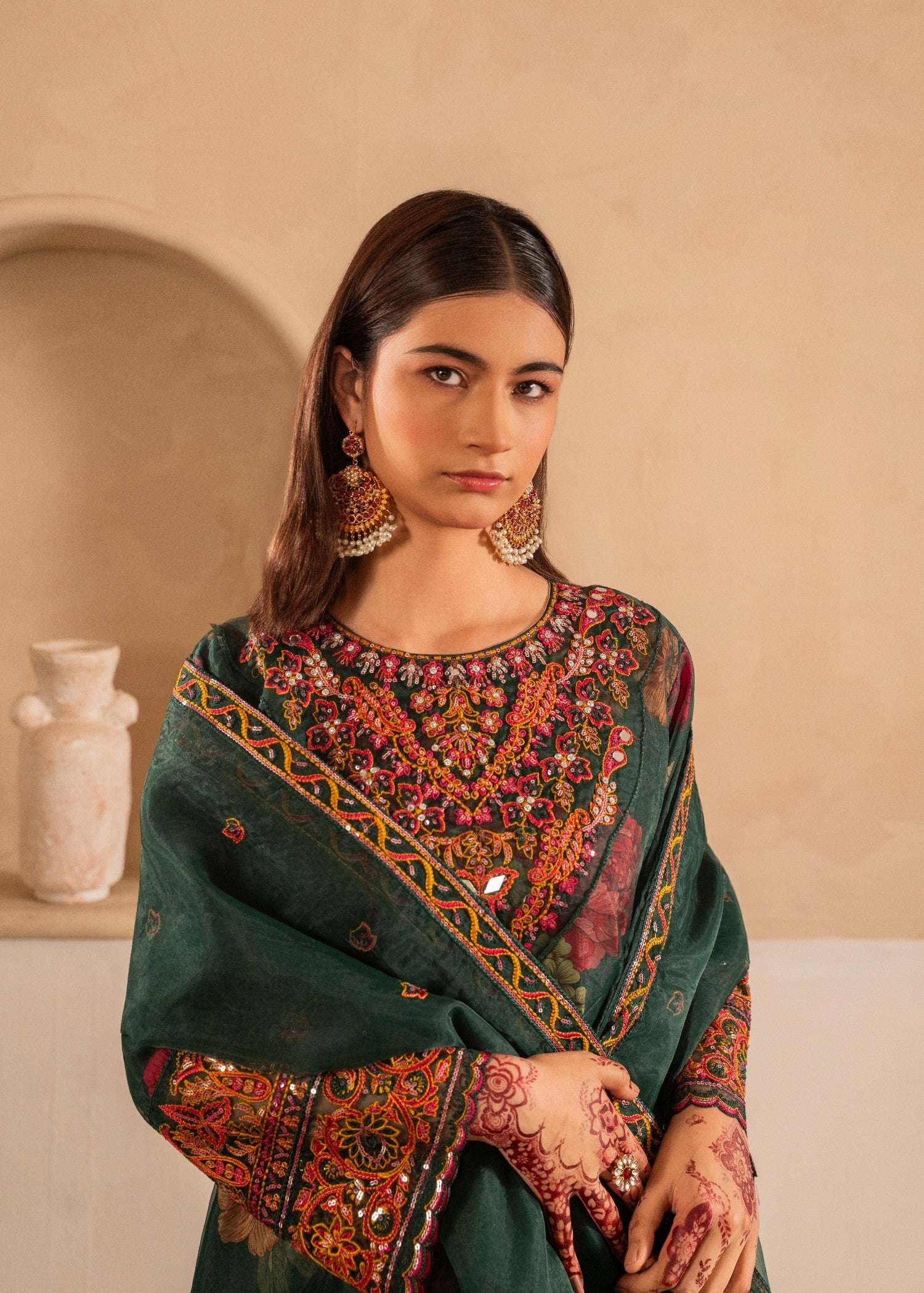 organza Kurta Set in Dark green