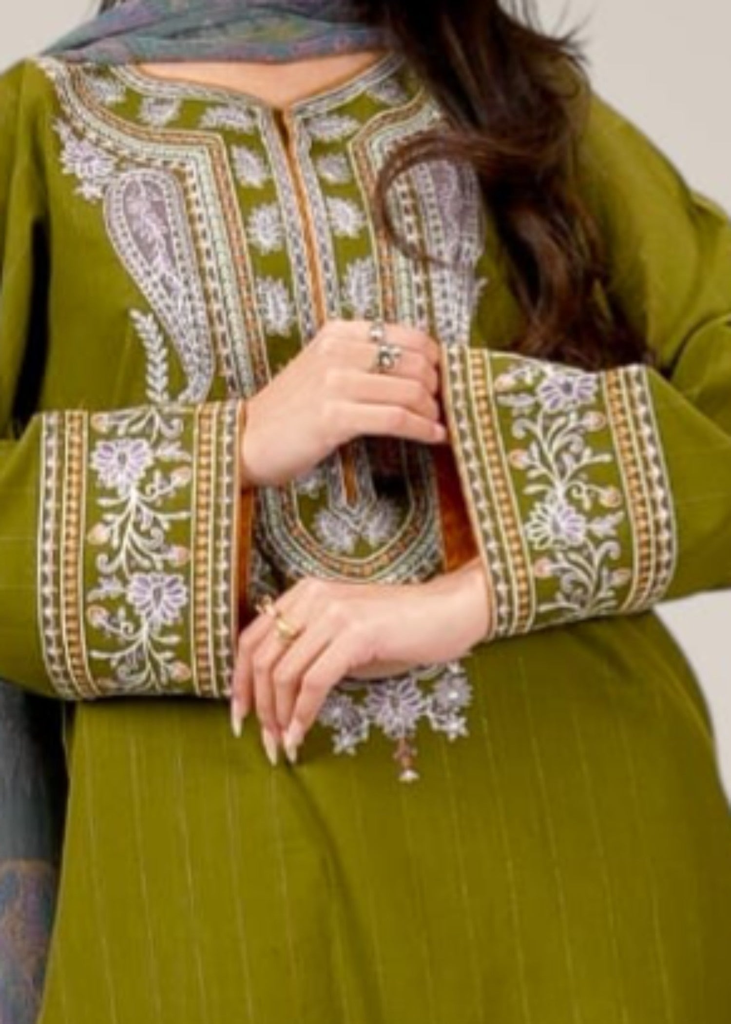 khaddar Kurta Set in Olive green