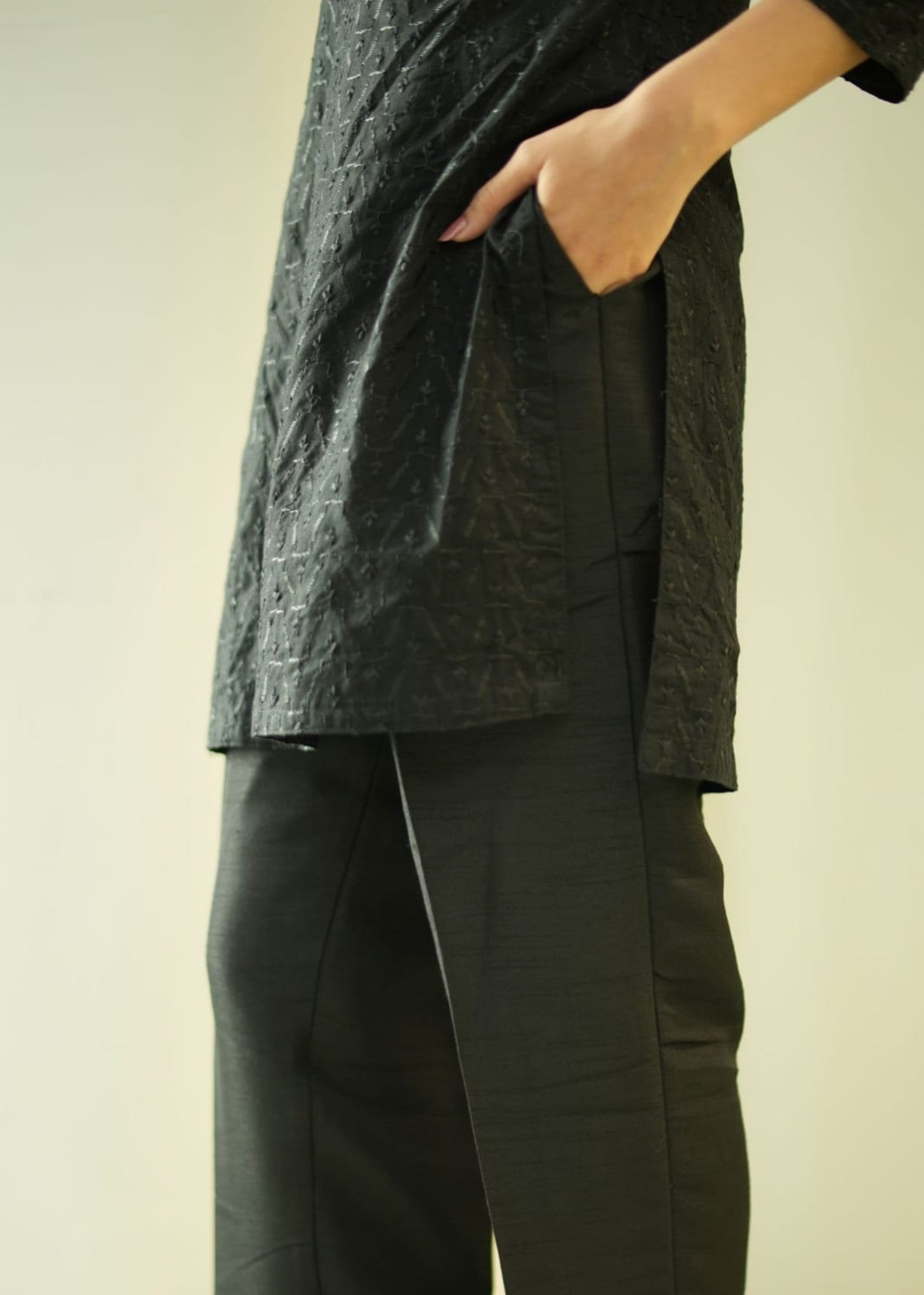 pk raw silk Trousers in Black