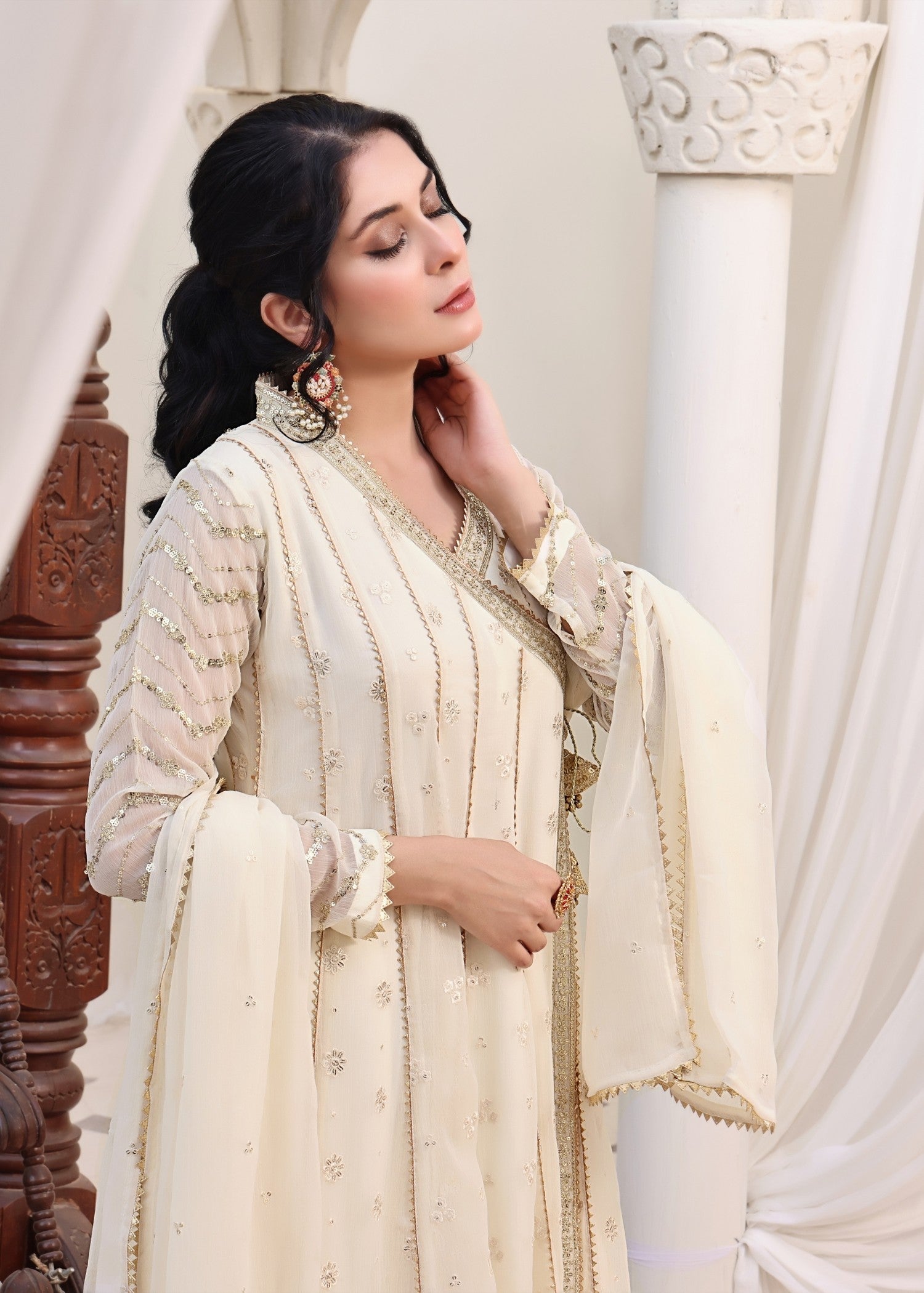 chiffon Angrakha in Off-white