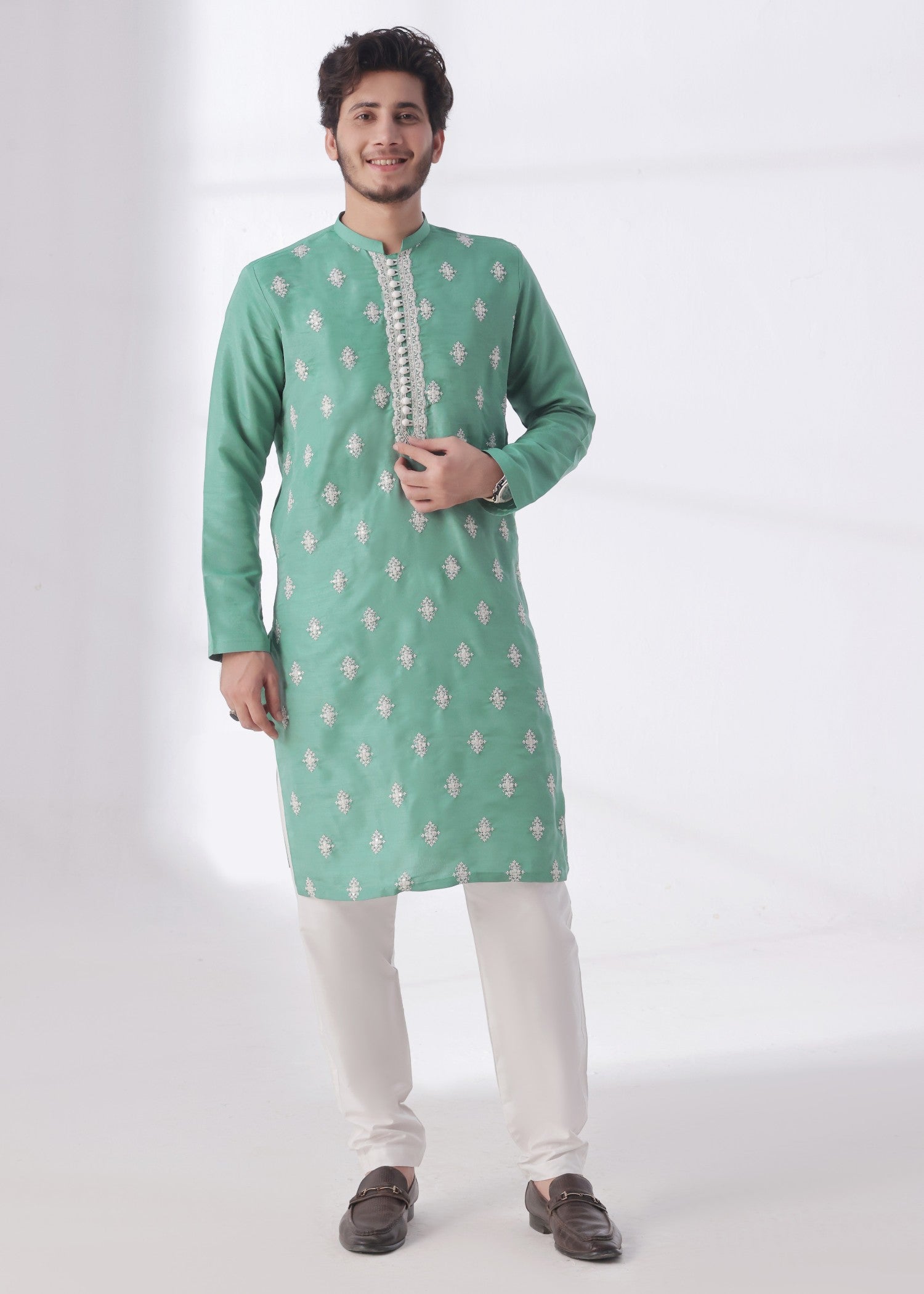 raw silk Kurta Set in Emerald green