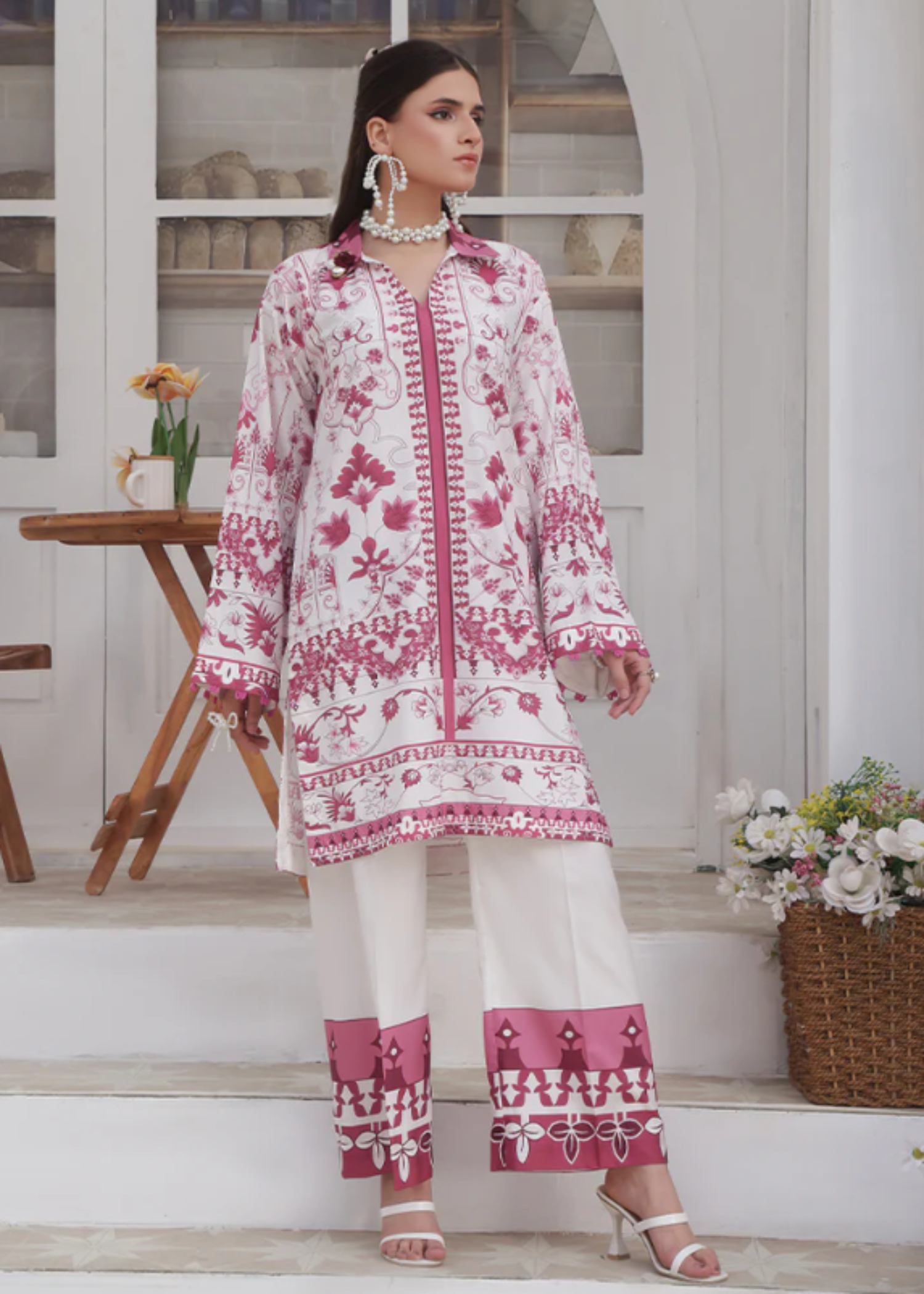 slub lawn Co Ord Sets in White, plum purple
