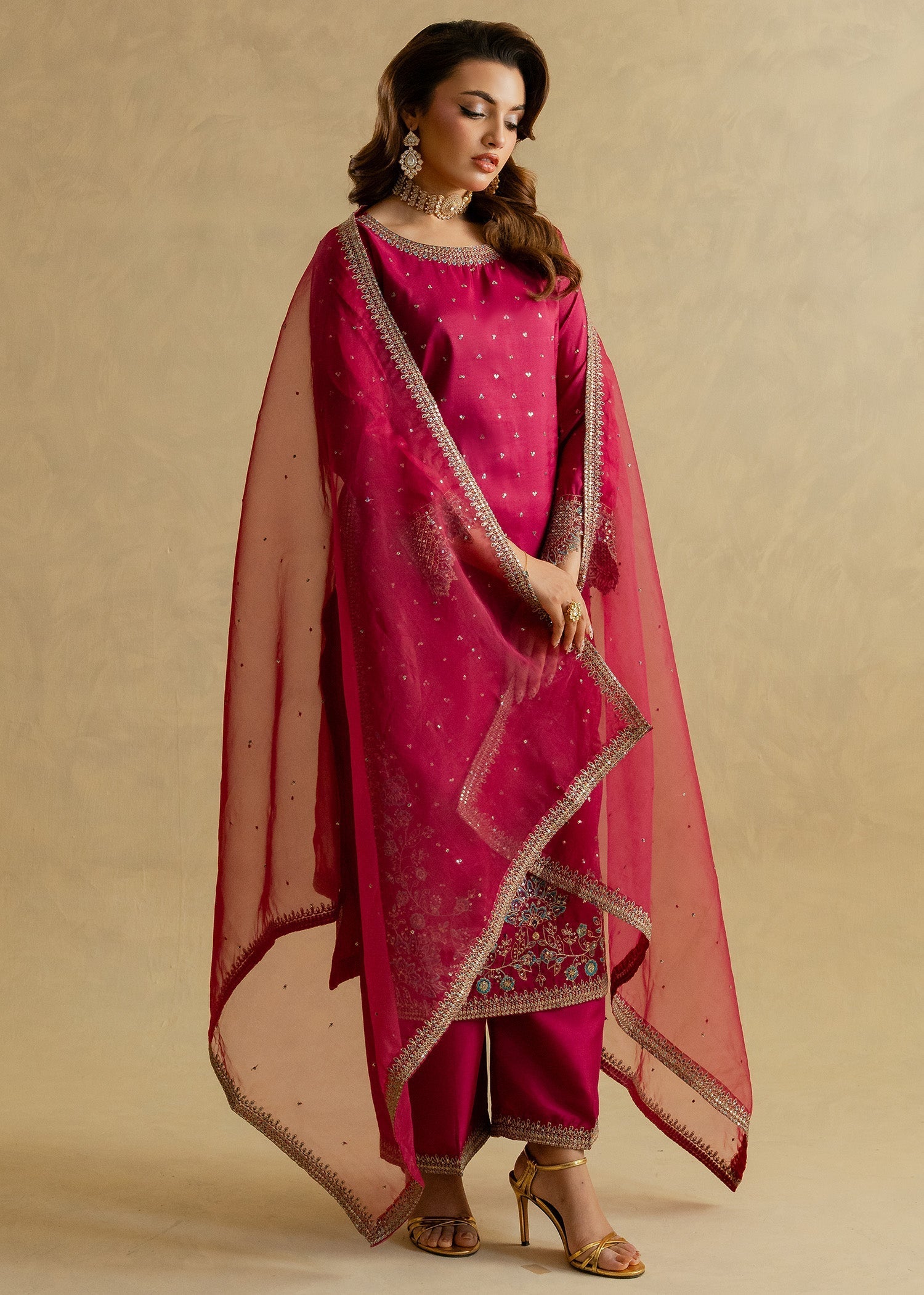 silk Kurta Set in Magenta