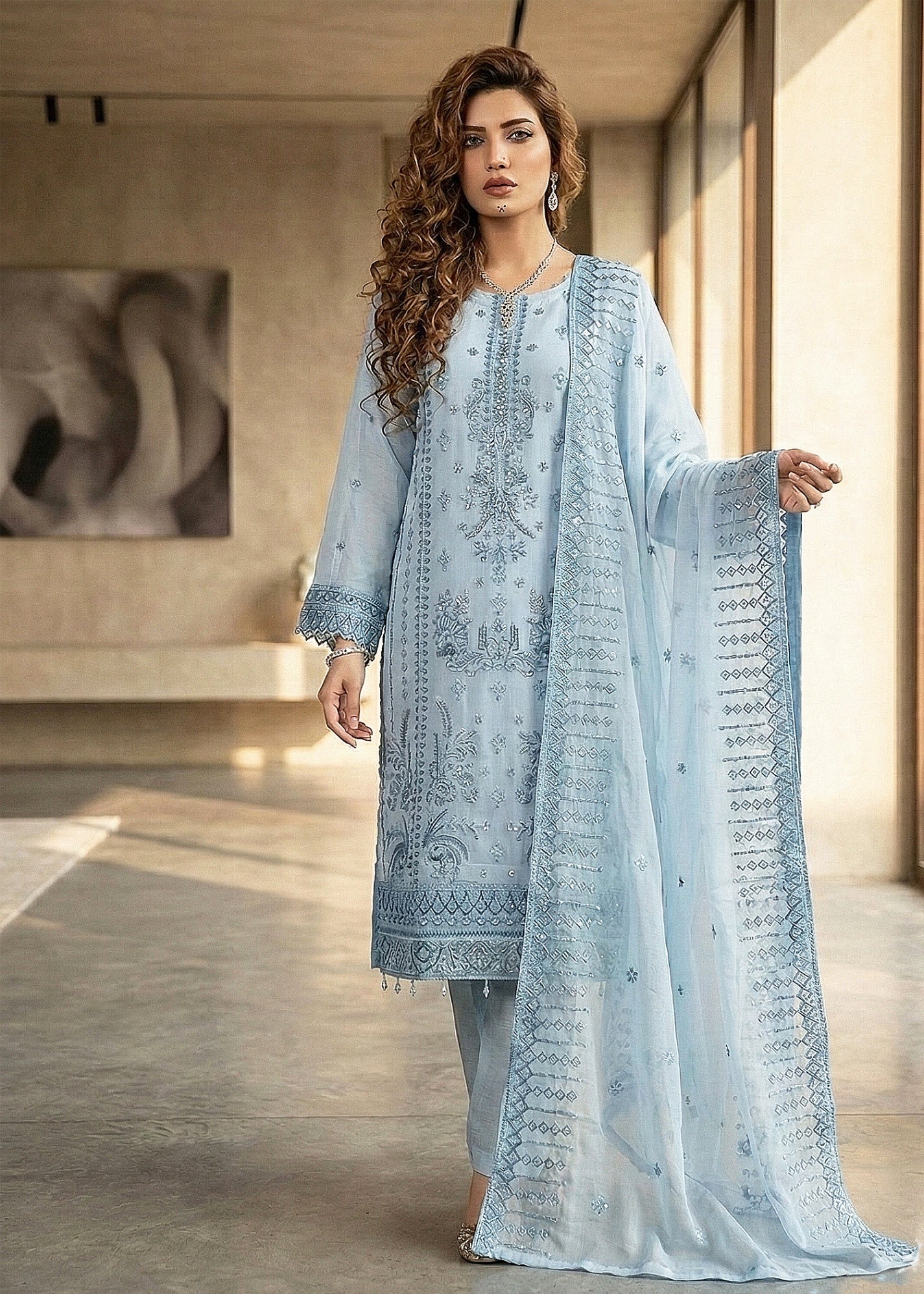 chiffon Kurta Set in Frost blue