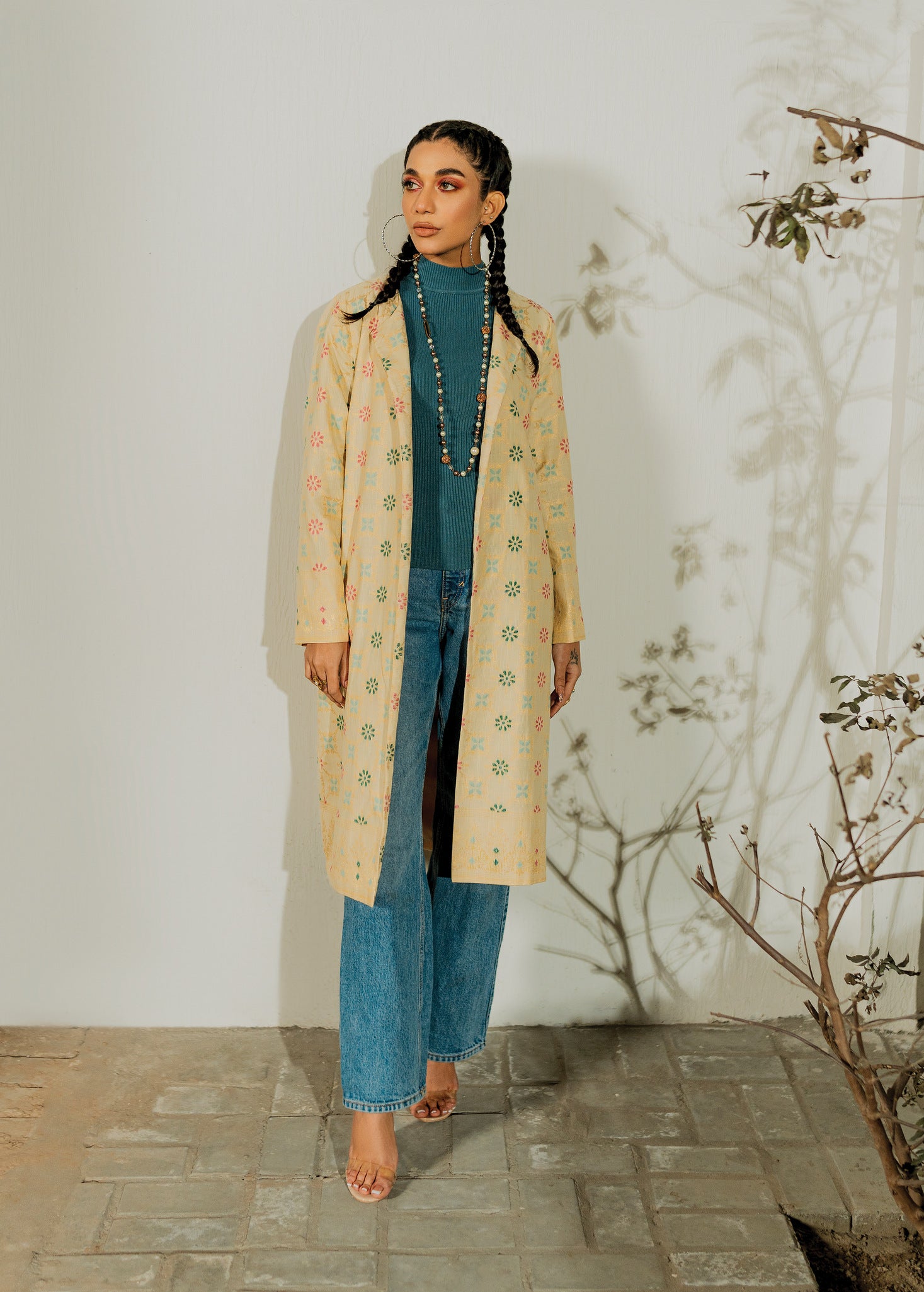 slub khaddar Jacket in Cream
