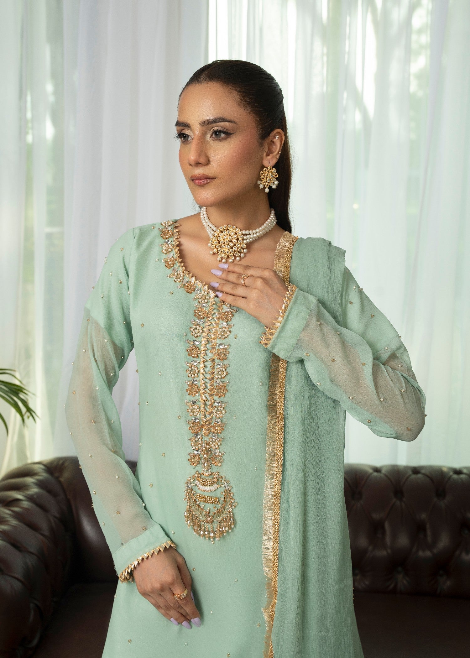 chiffon Kurta Set in Tea green