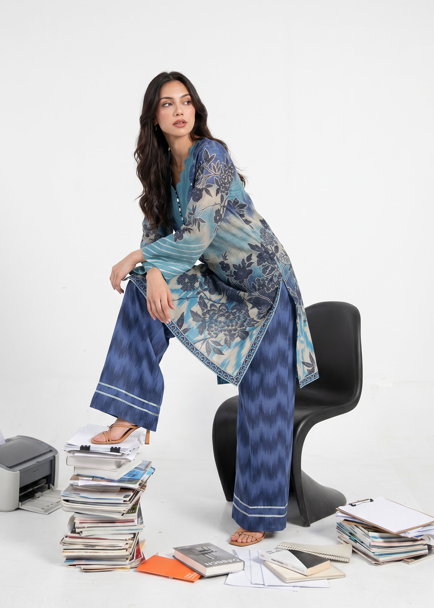zari tissue Kurta Set in Blue
