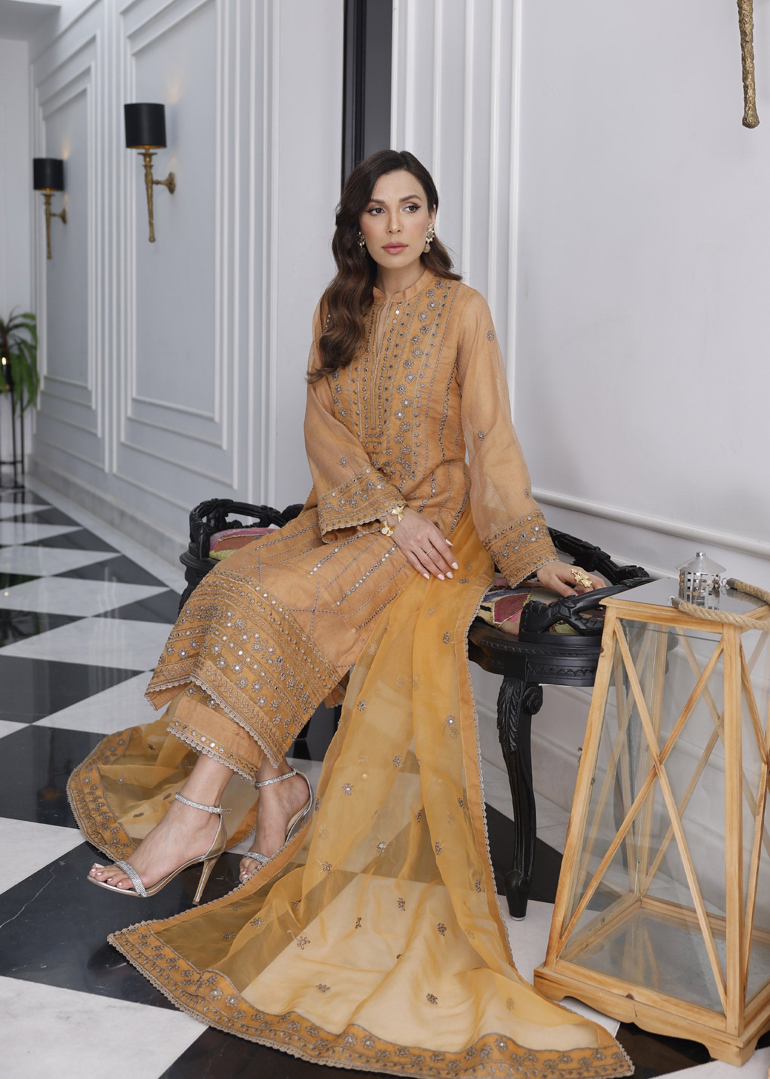 khaddi net Unstitched in Orange