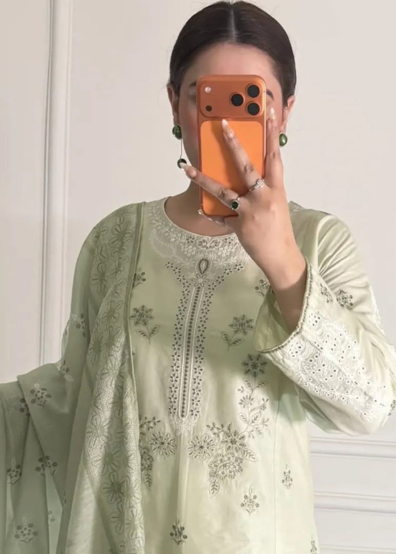 lawn cotton Kurta Set in Tea green