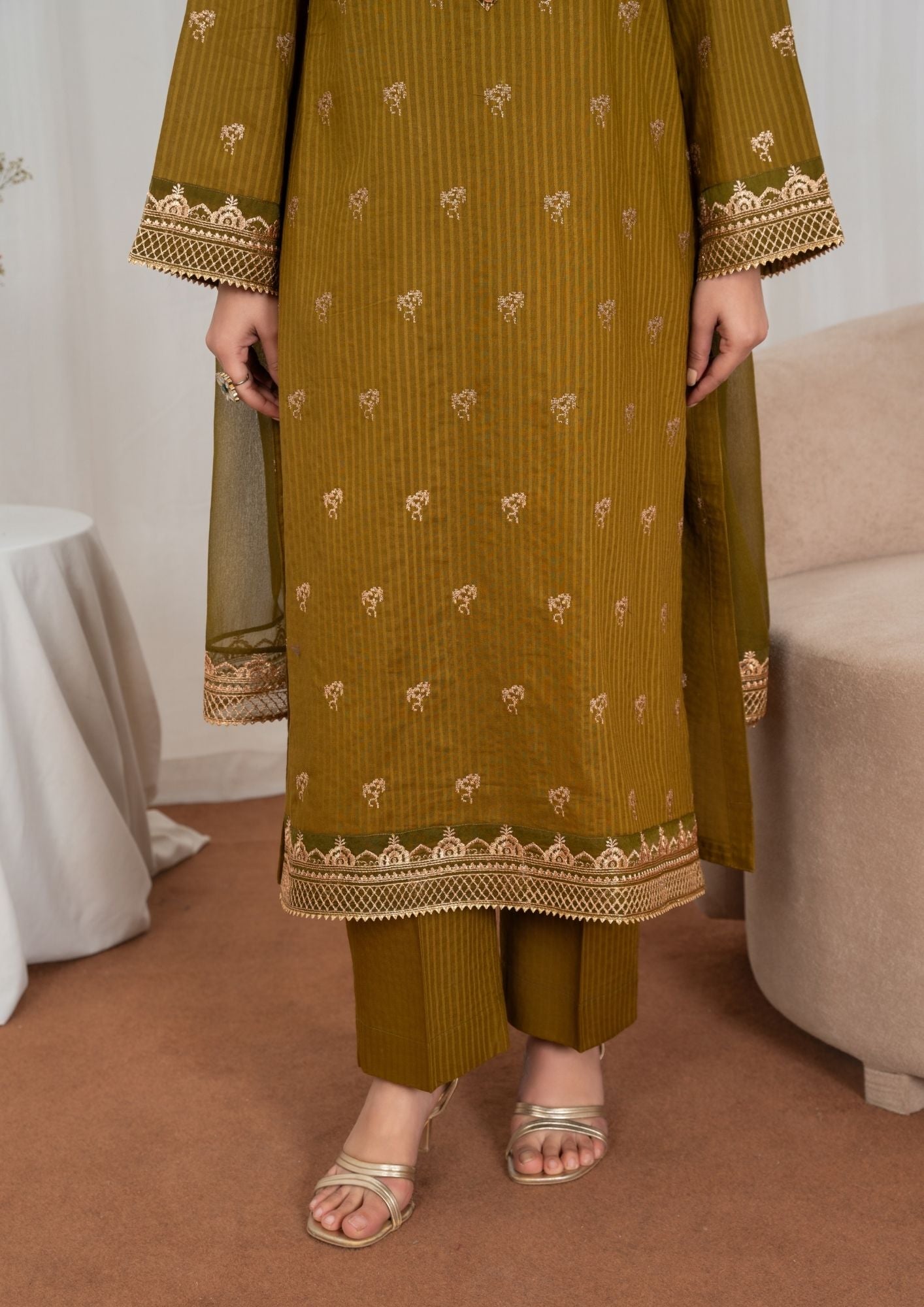 lawn Kurta Set in Golden brown