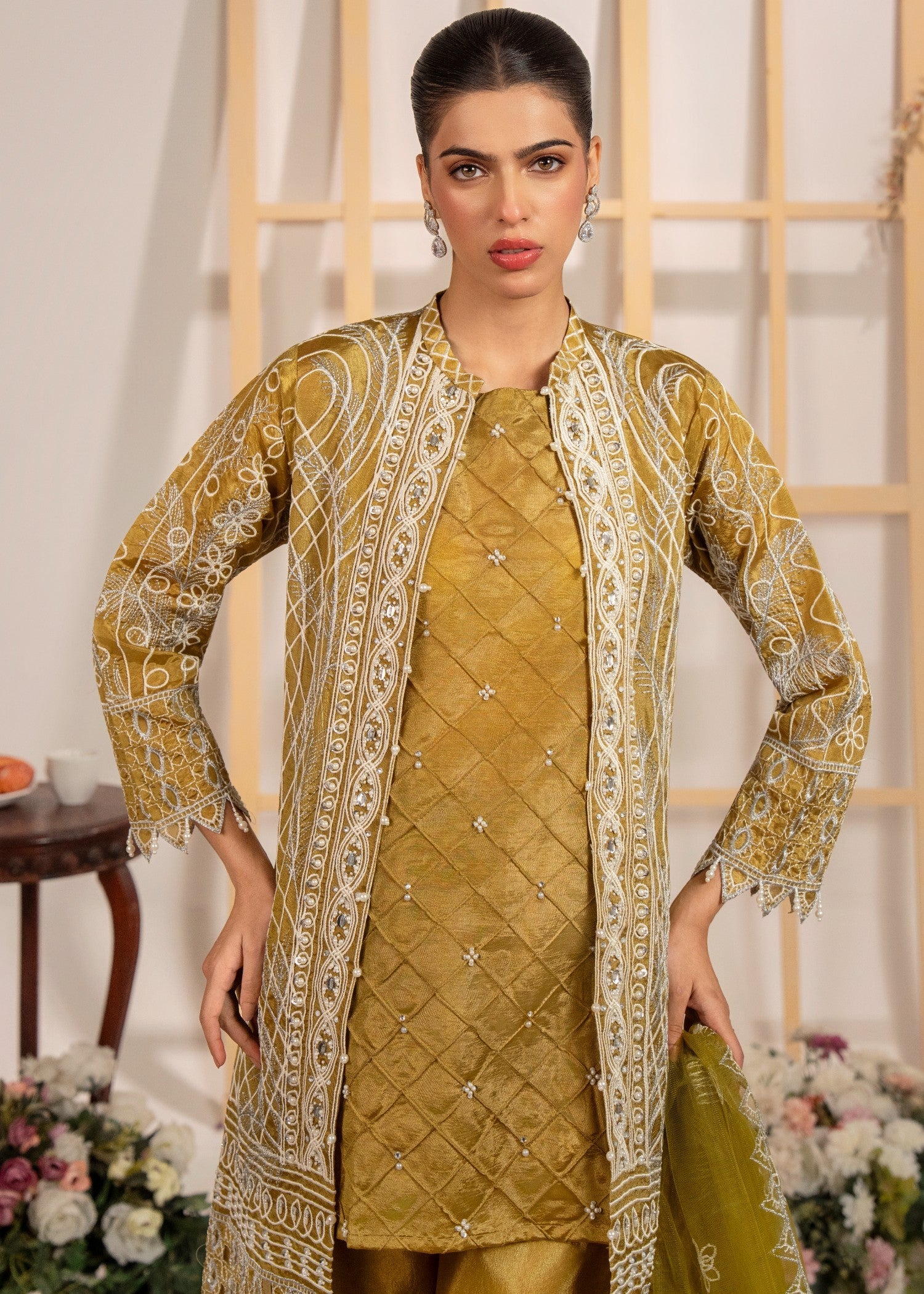 raw silk Gown in Olive green
