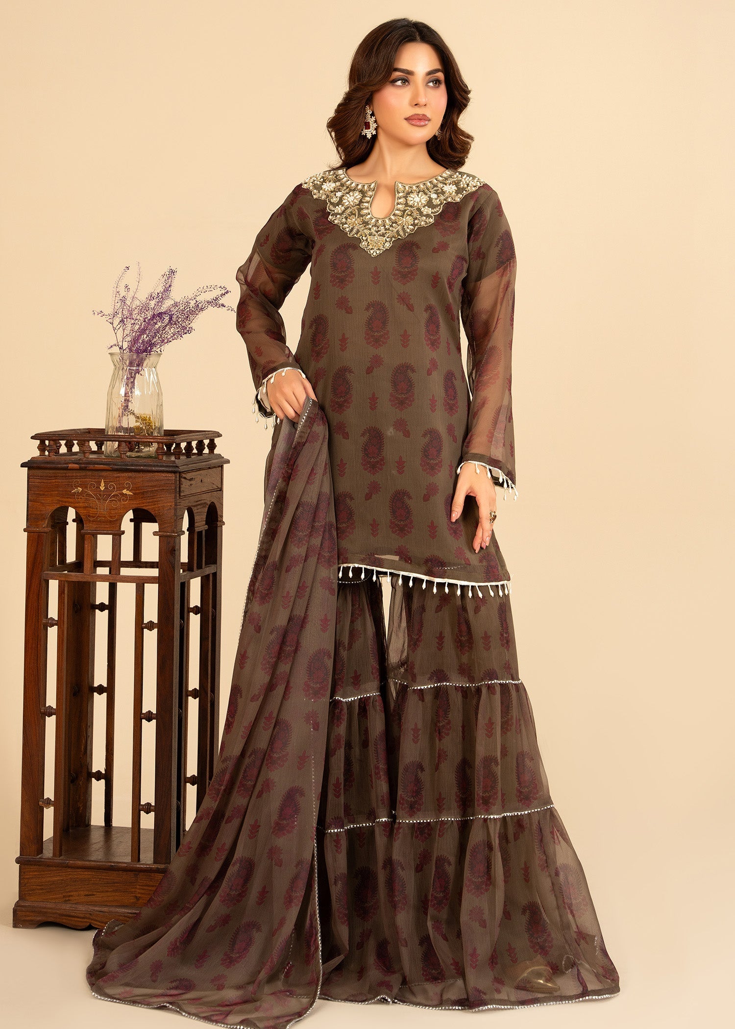 bemberg crinkle chiffon Gharara in Brown